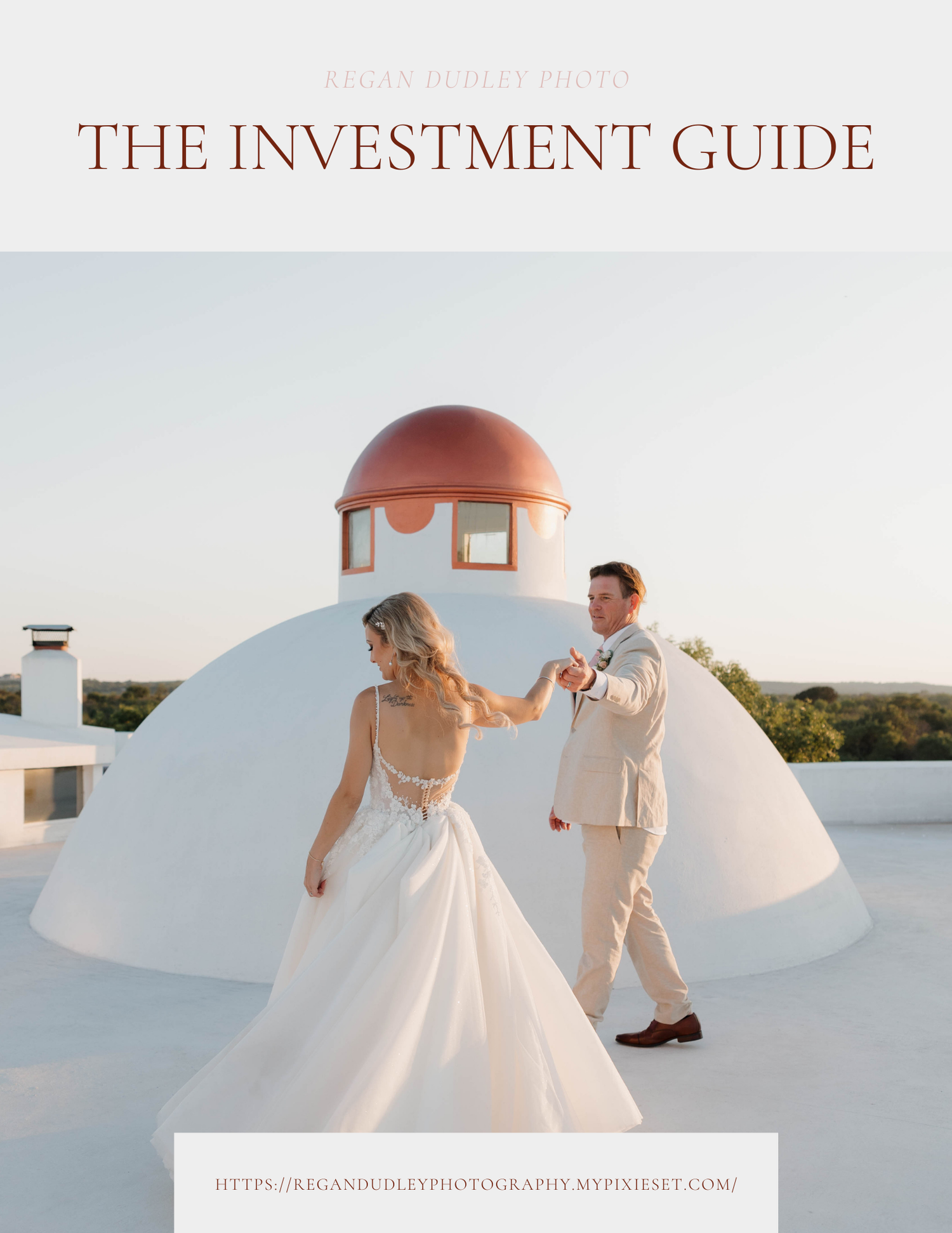 A wedding photography investment guide cover with a domed building and sunset background.