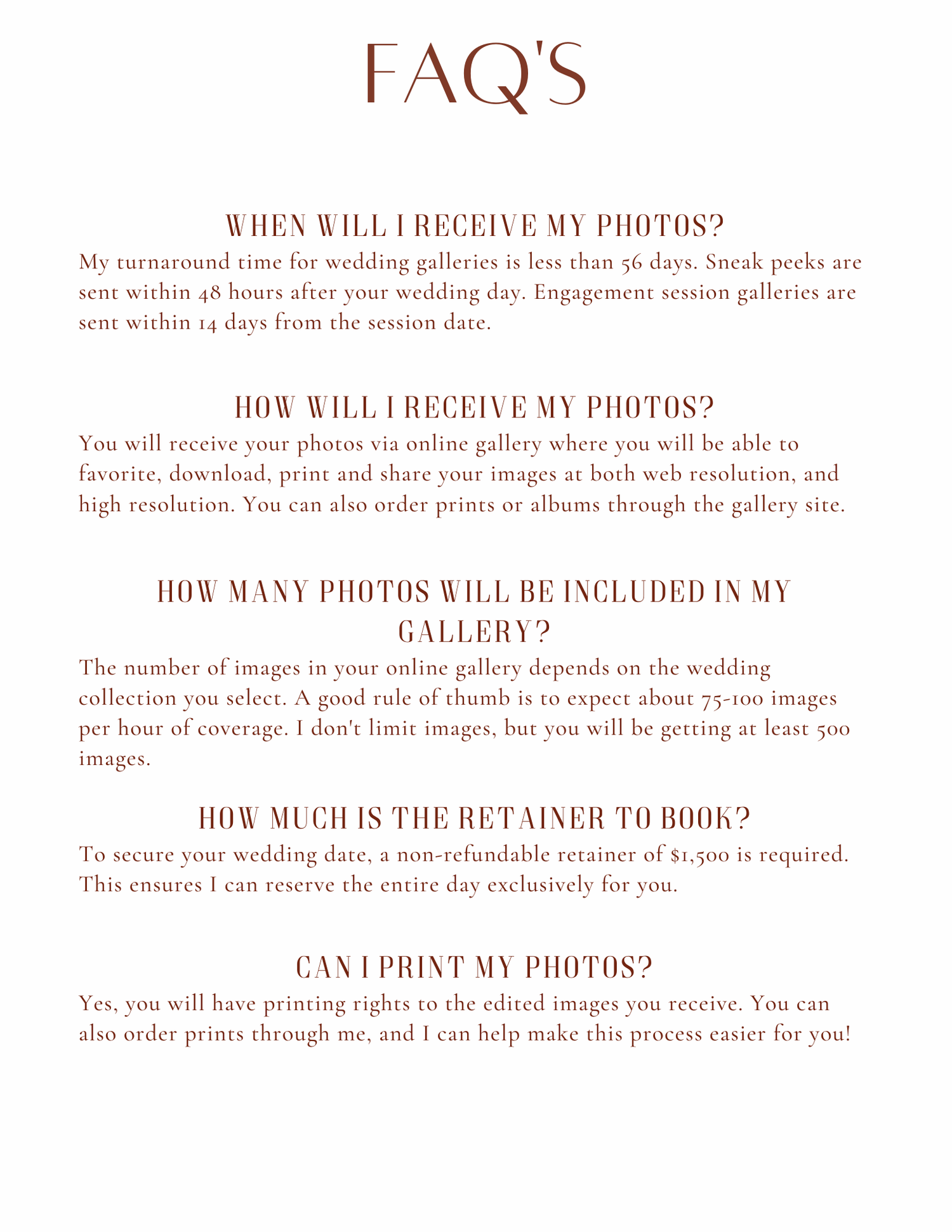 FAQ page for wedding photography services detailing photo delivery and pricing information.
