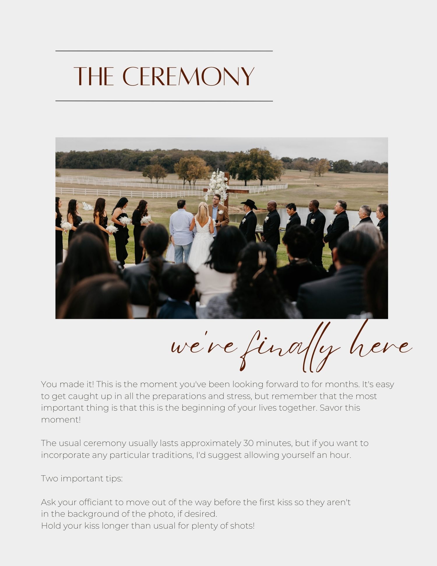 A wedding ceremony program page titled 'The Ceremony' with elegant brown script text and layout details.