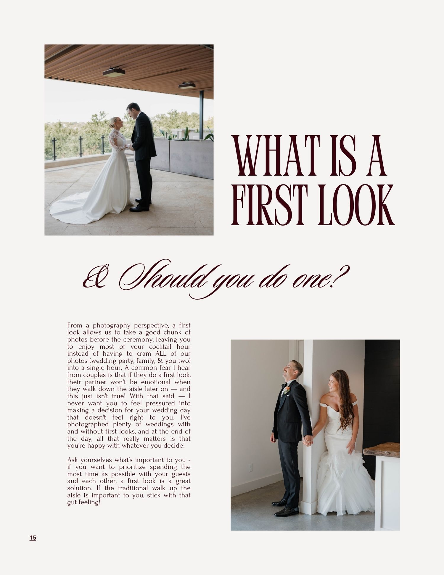 A wedding magazine spread titled What Is A First Look featuring a bride and groom sharing an intimate moment before their ceremony.