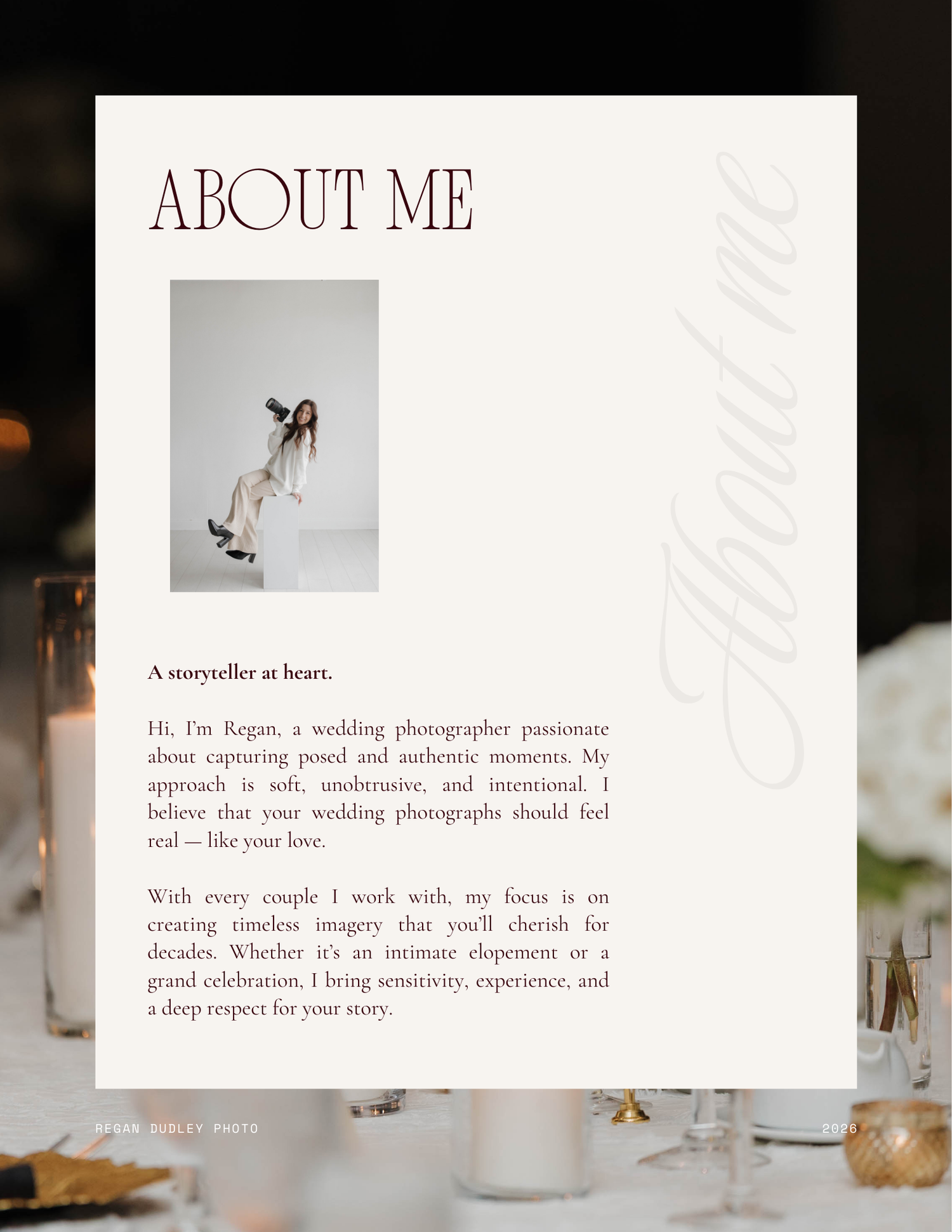A minimalist wedding photography website design showcasing an elegant layout with about me section and portfolio images.