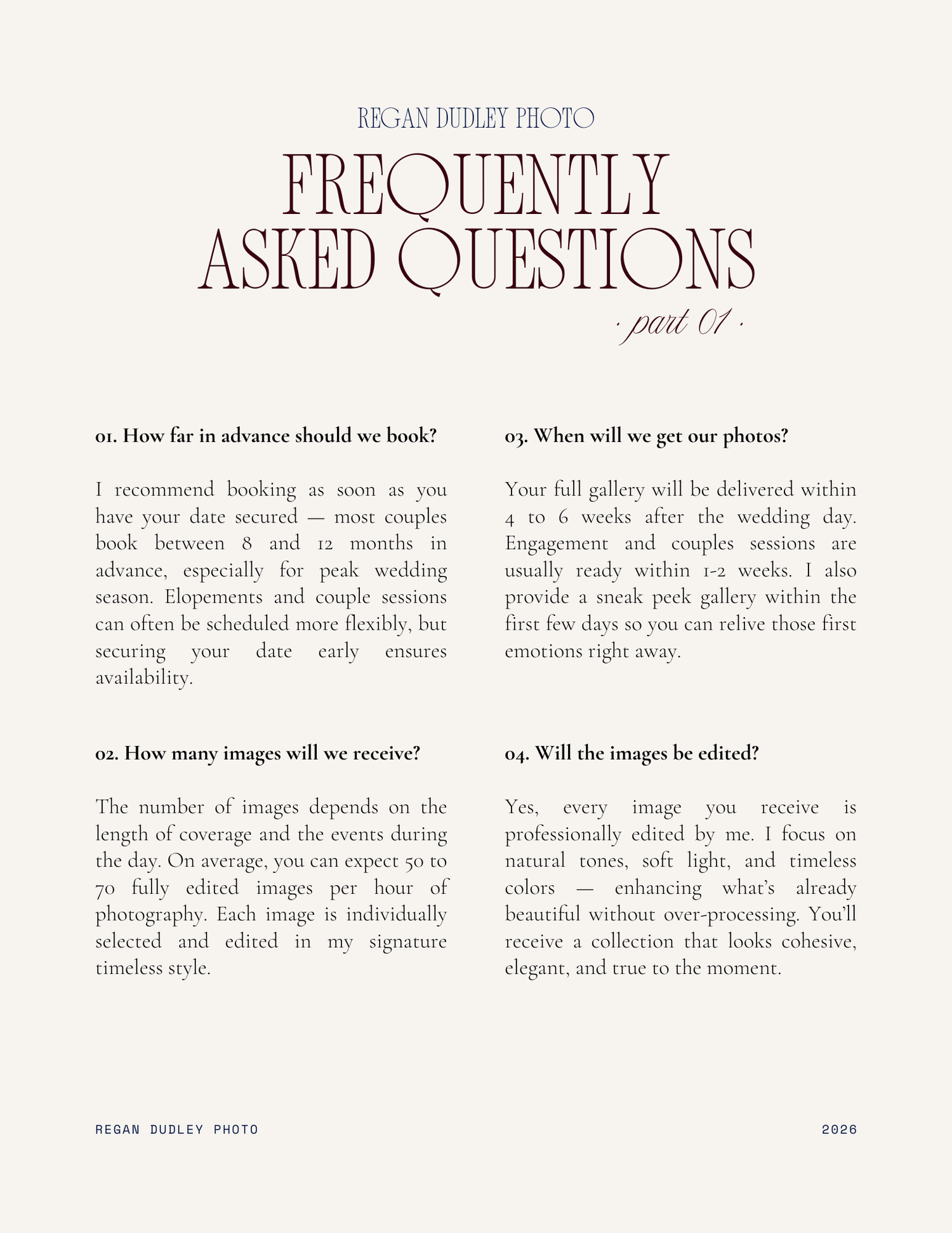 A printed FAQ page from Bridal Honey Press showing wedding photography information and policies.
