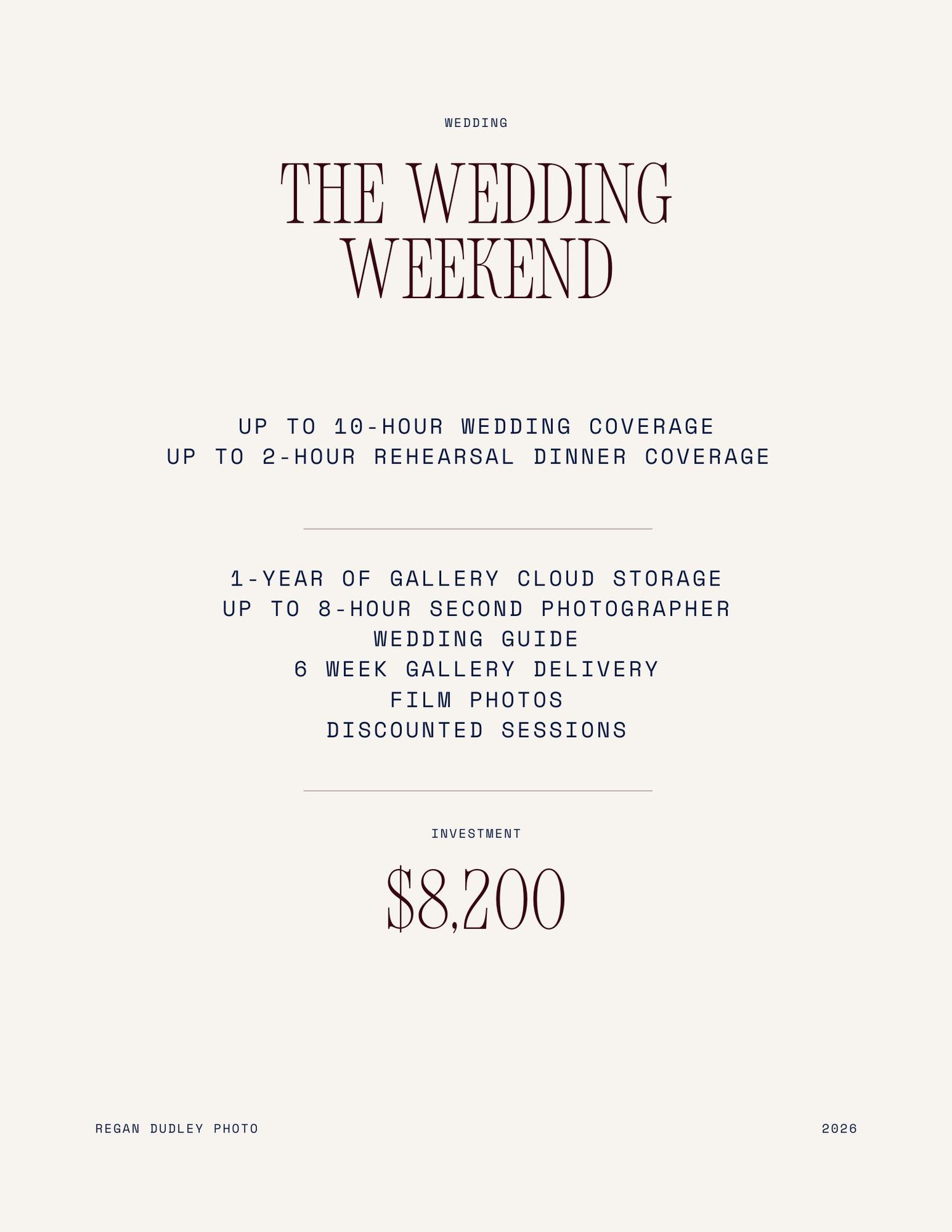 Wedding photography pricing guide showing The Wedding Weekend package at $8,200 with up to 10-hour coverage and film photos.