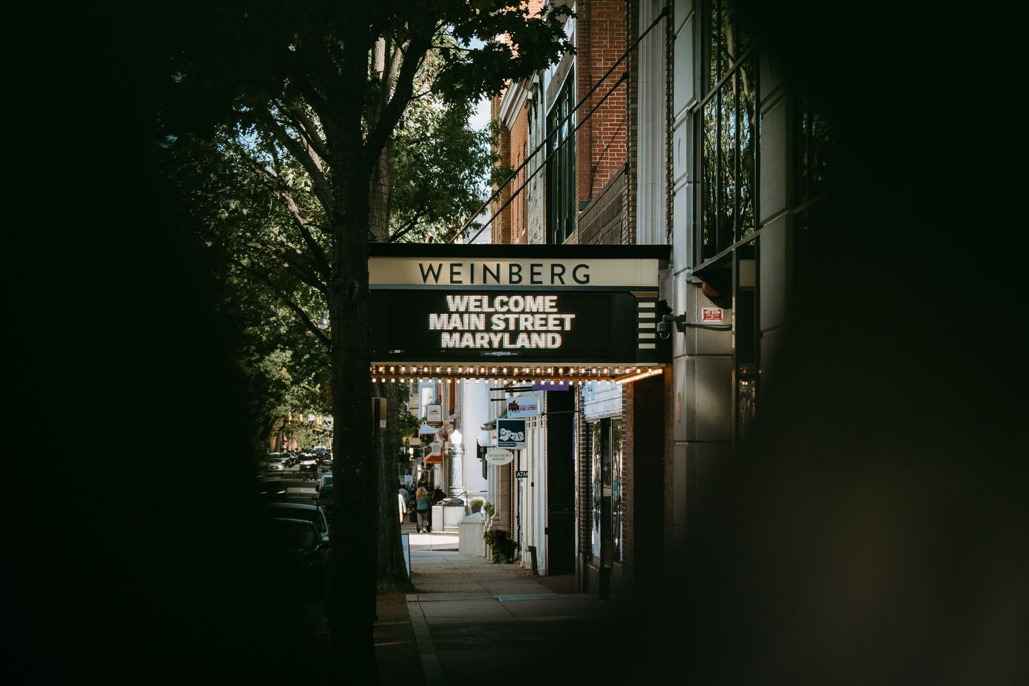 Illuminated storefront signs and business facades line a dark urban street at night.