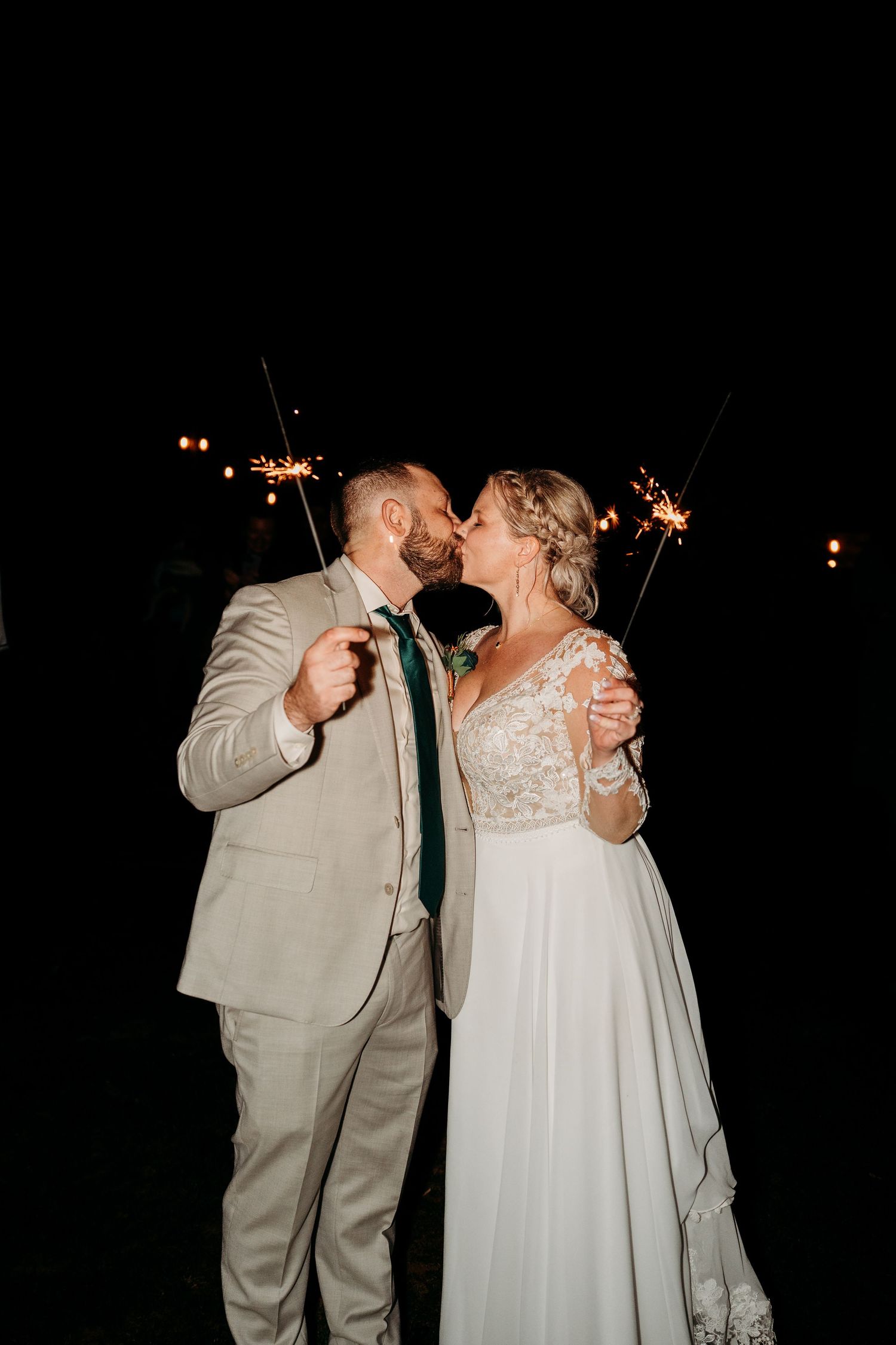 A romantic nighttime wedding photo with sparklers as a couple in formal attire shares a kiss.