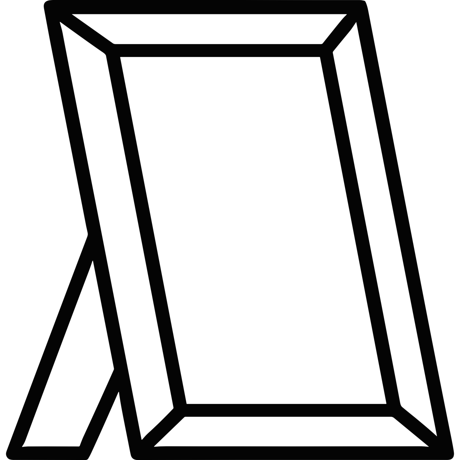 A simple line art icon of a standing picture frame with a easel back support, shown in profile view.
