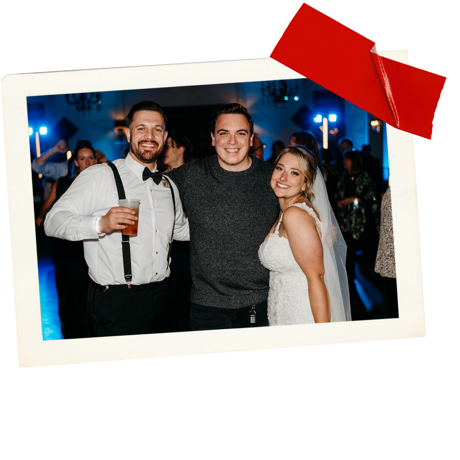 Polaroid-style photo of wedding guests enjoying reception celebration with blue ambient lighting.