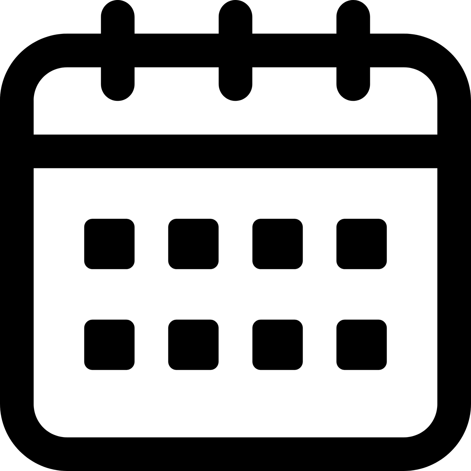 Black and white calendar icon with grid of date squares and spiral binding for scheduling apps.