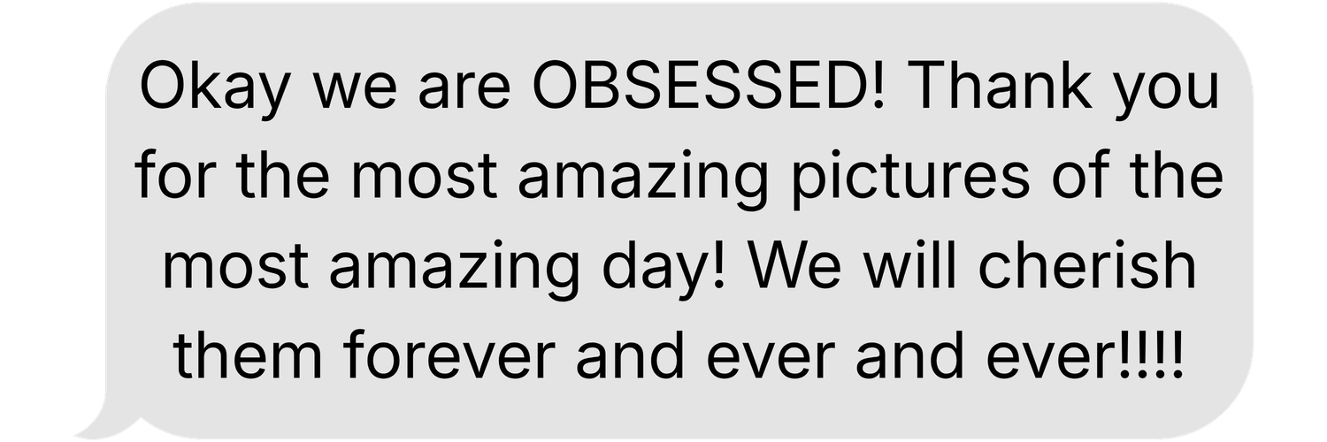 A glowing client testimonial text message expressing joy and gratitude for beautiful wedding photography memories.