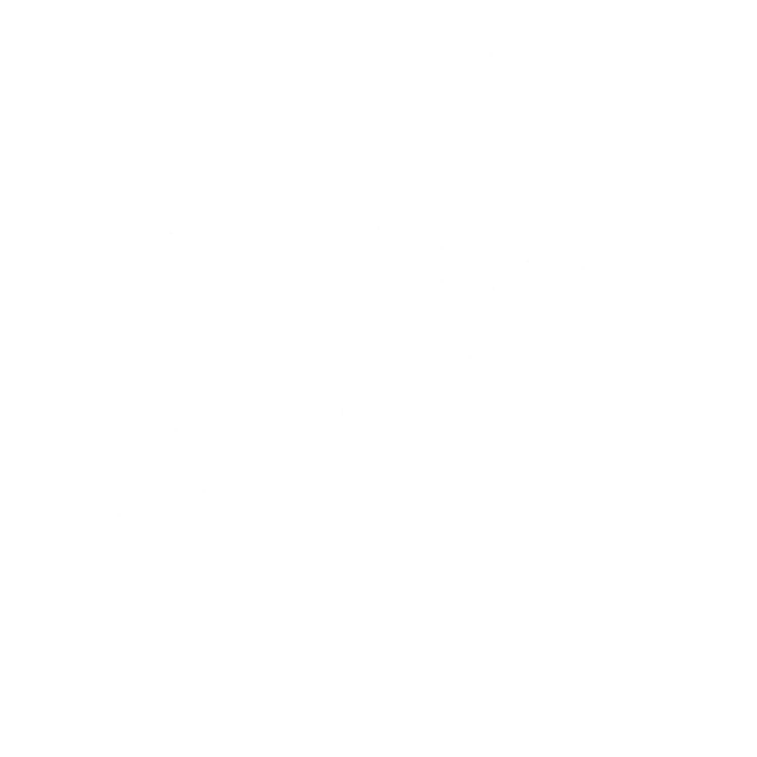 Simple line drawing of a melting pizza slice with stretchy cheese in white against black background.