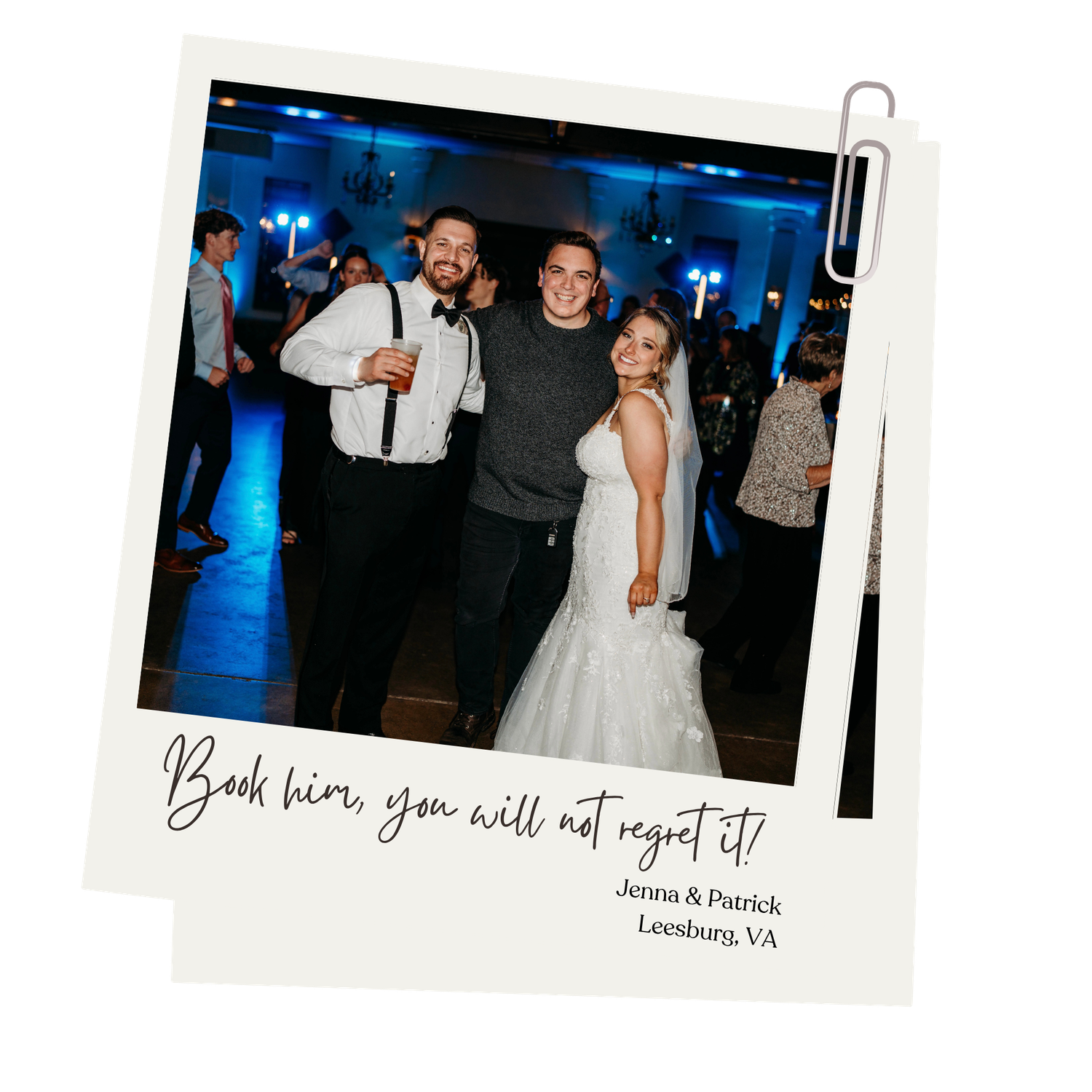Polaroid photo of a DJ posing with a bride and groom at a wedding reception in Leesburg, VA.