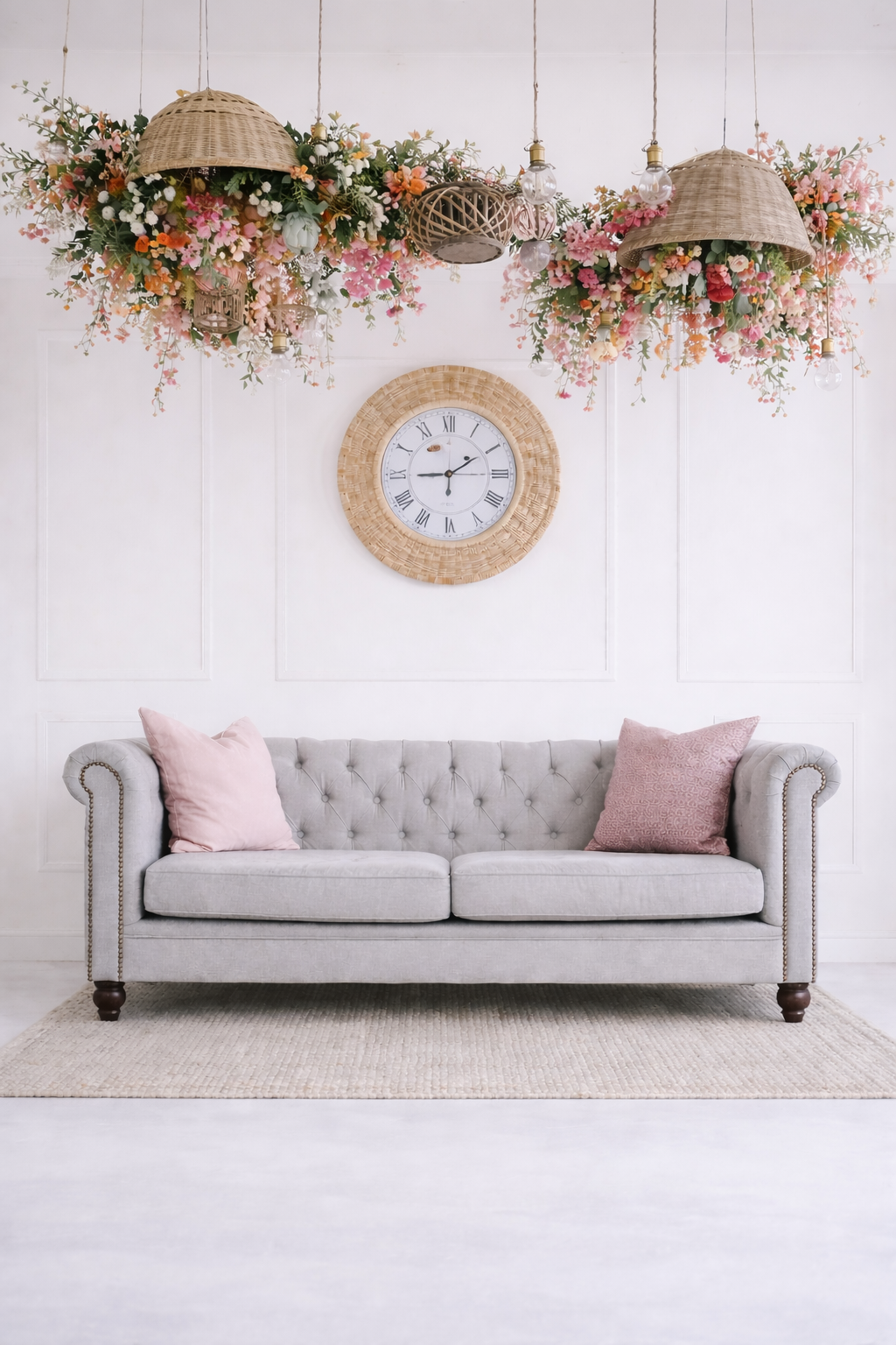 floral hanging instillation over grey couch