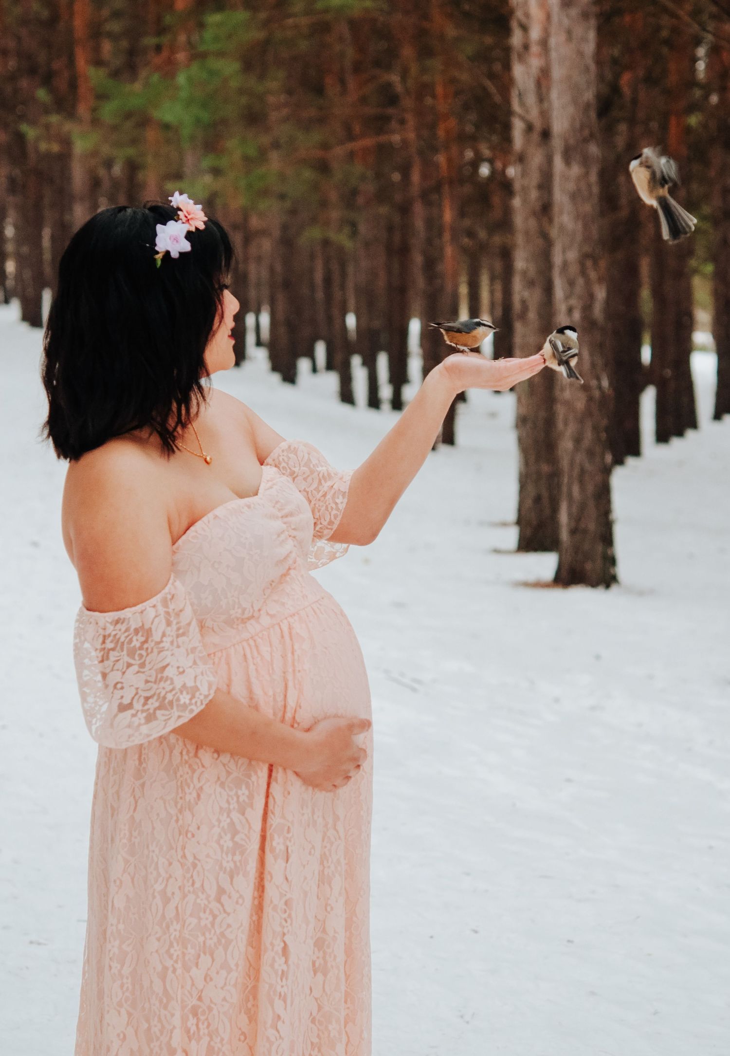 Pregnant woman playing with Chikadees outside in a park in winter