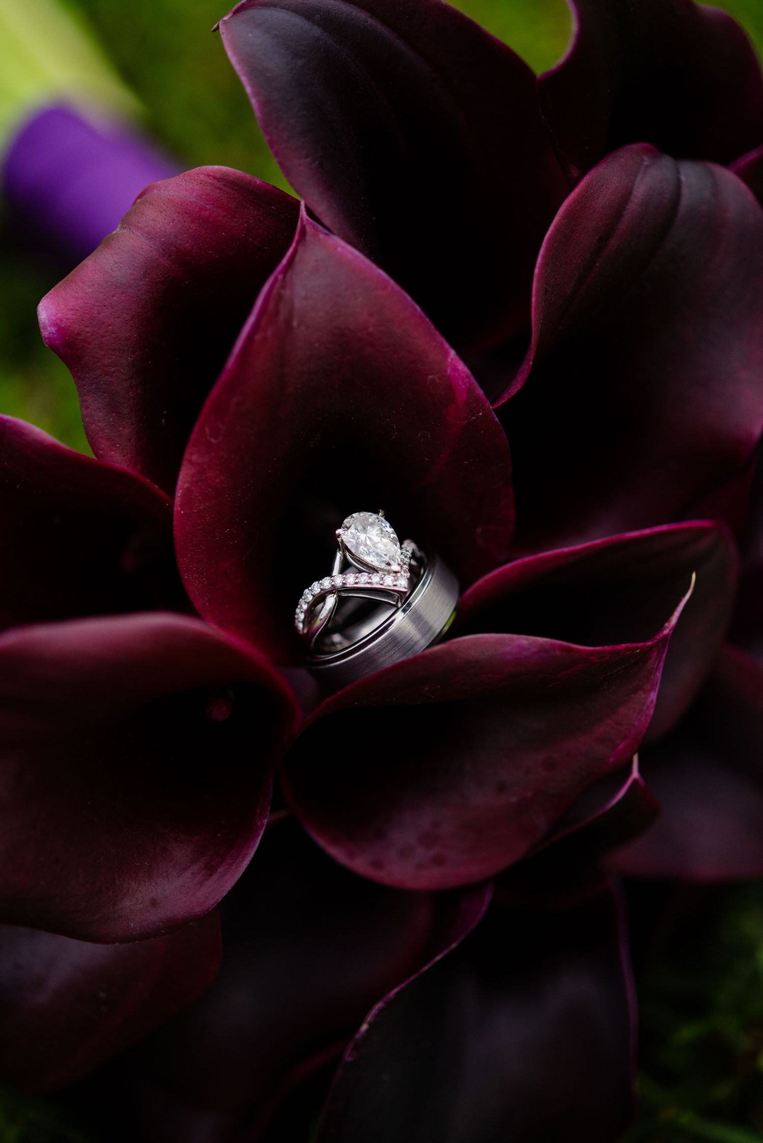Wedding rings sit in Lillies