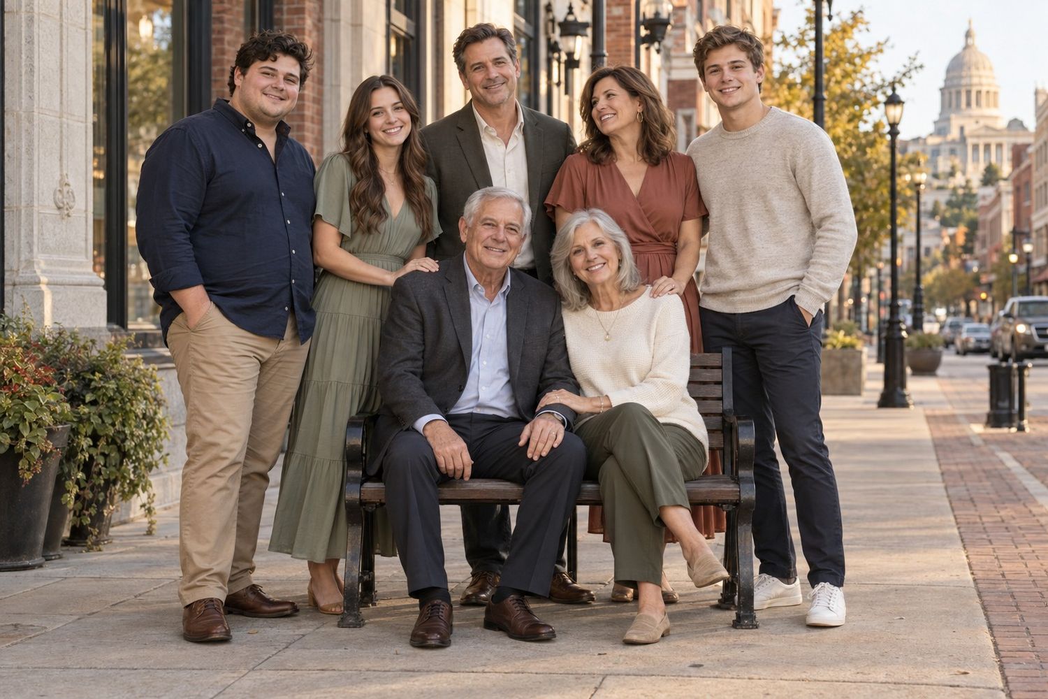 Multi-generational family of seven smiling together on a sunny urban sidewalk near a historic building.