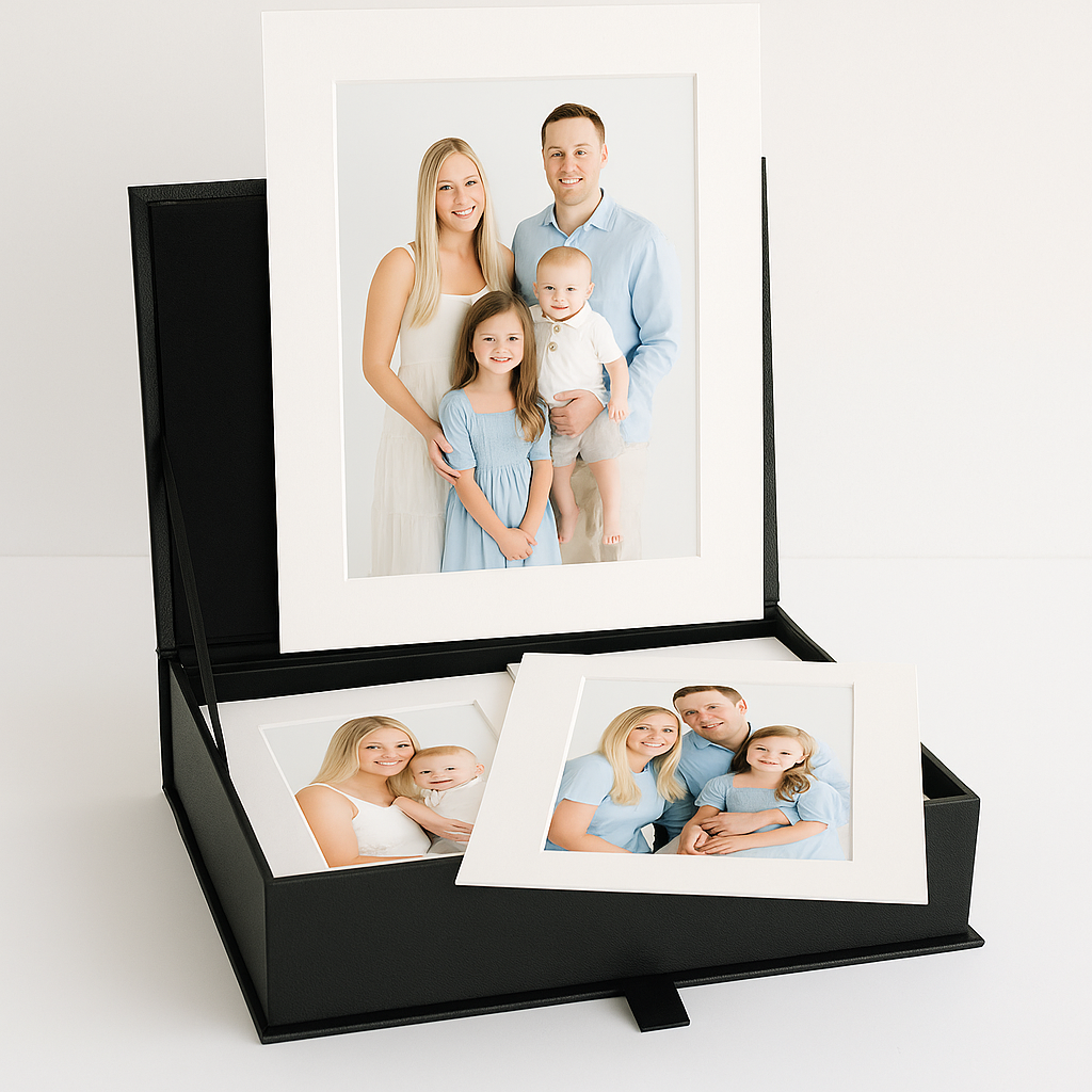 Studio photography portfolio box with white prints and black presentation case displayed in multiple angles.