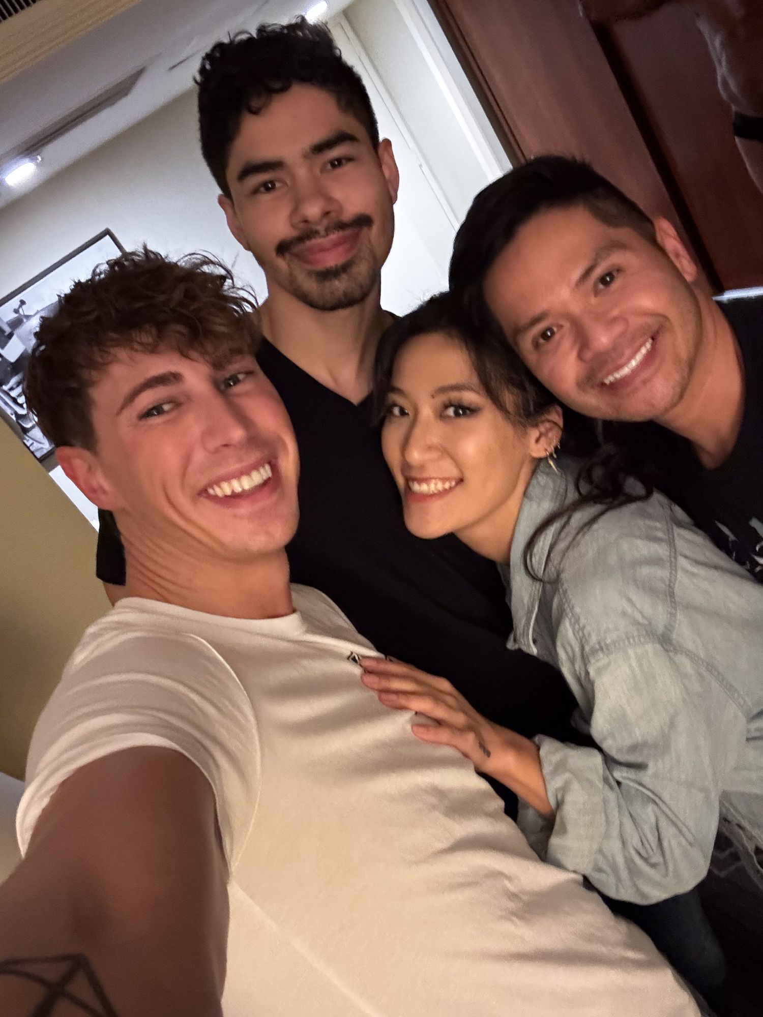 A sequence of selfies showing people posing together and smiling in a dimly lit indoor setting.