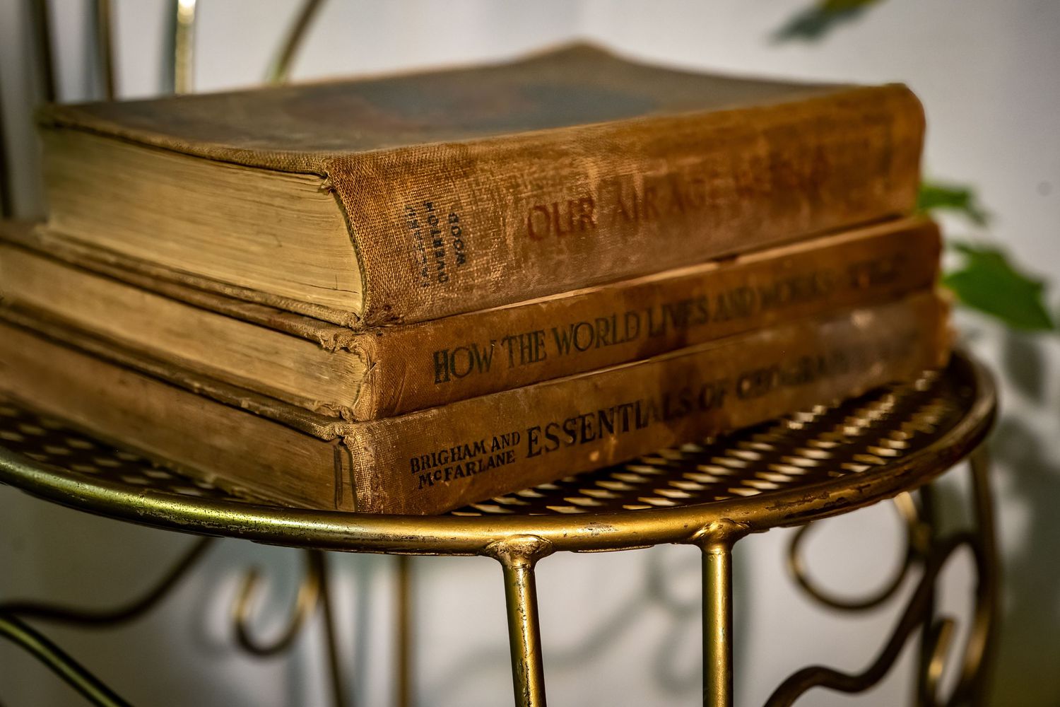 Vintage books stacked on an antique gold metal stand create a romantic wedding decor display.