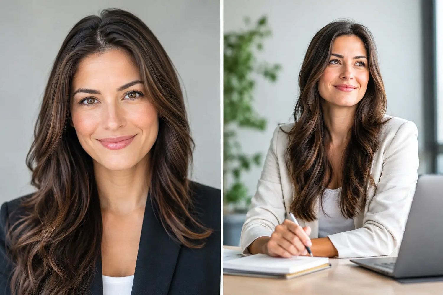 Professional woman with long brown hair in business attire, smiling confidently in a modern office setting.