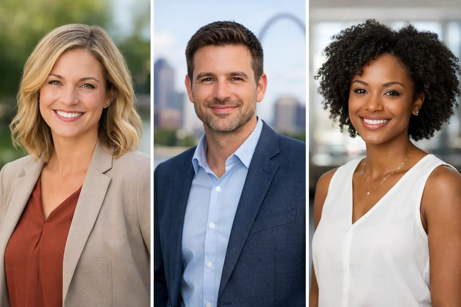Three professional headshots of smiling business people, two women and one man, in formal attire against urban backgrounds.