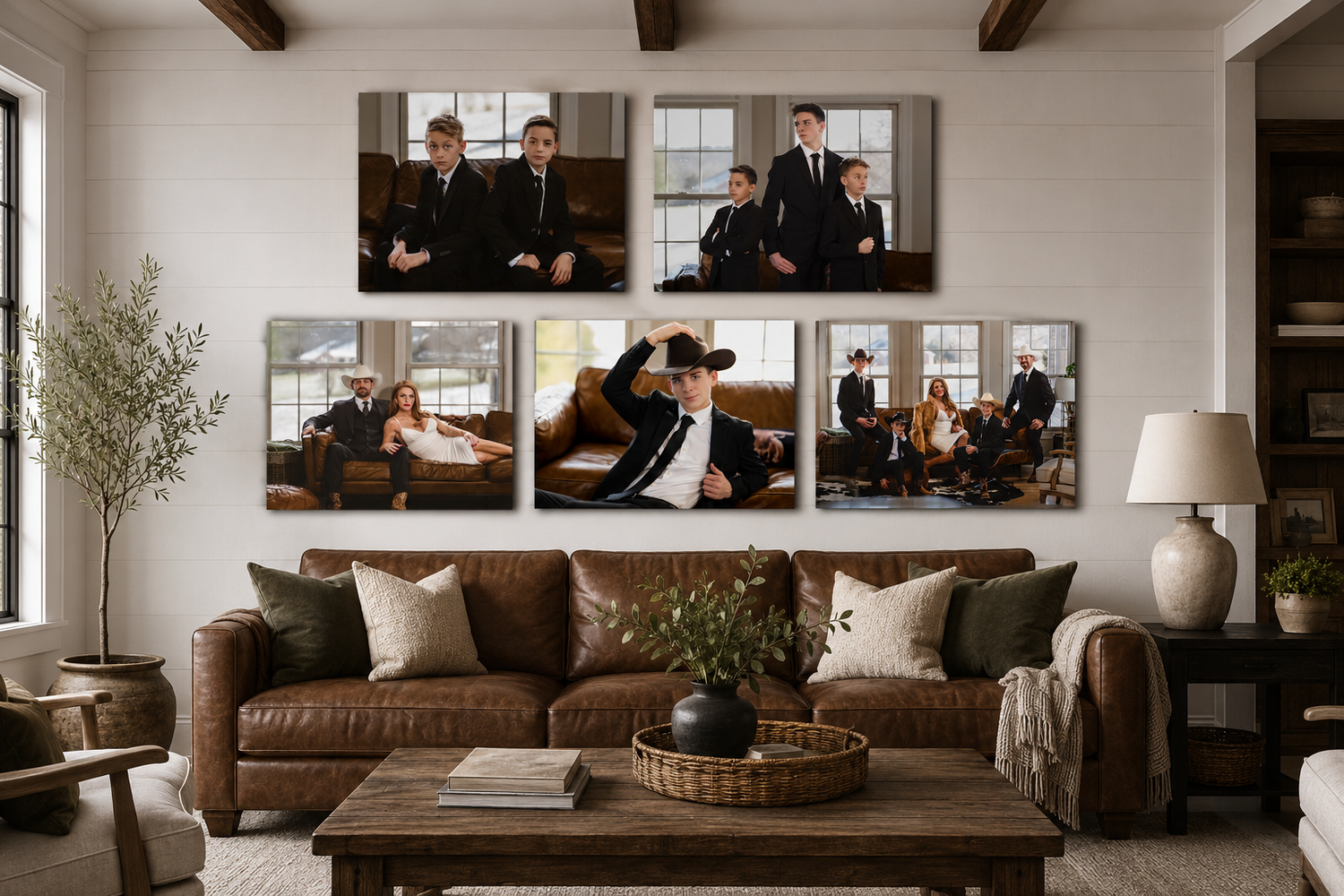 A farmhouse living room with leather sofa displaying a gallery wall of five family portrait canvas prints above.