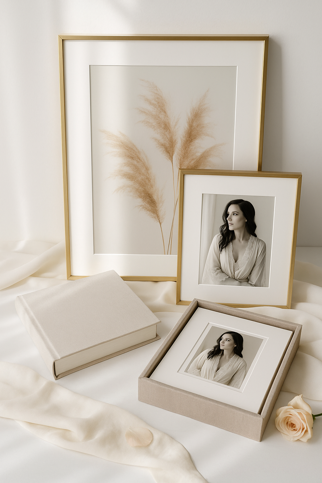 Minimalist gallery wall composition with black and white portraits, pampas grass art, and gold frames on white fabric.