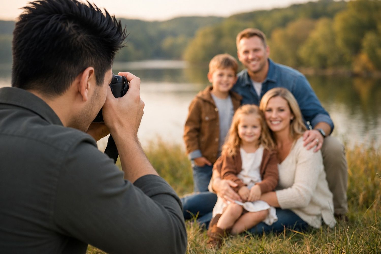 Photographer capturing a smiling family of four posing outdoors by a lake on a sunny day.