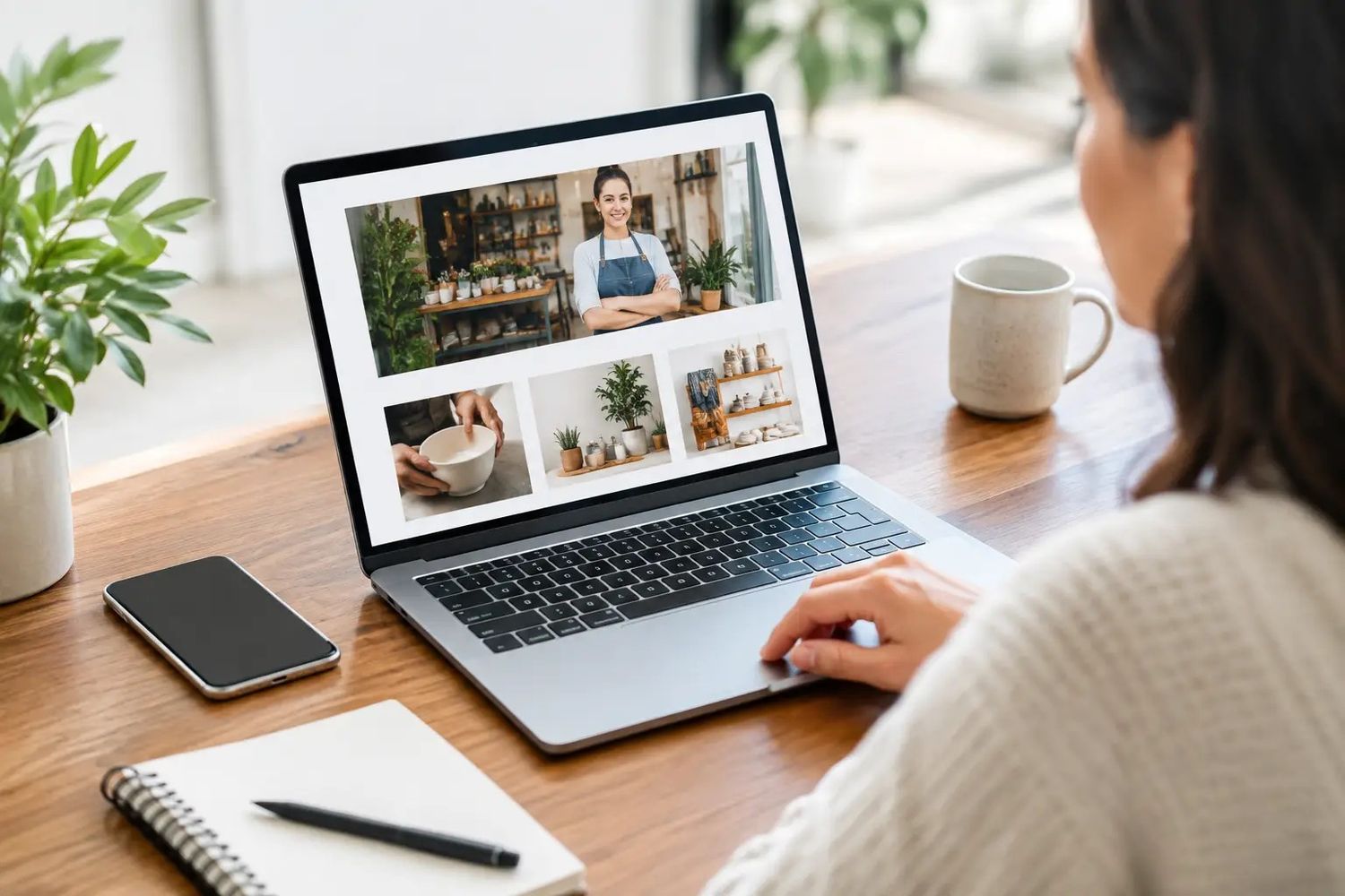 Woman browsing an online shop on a laptop at a wooden desk with a notebook, phone, and coffee mug nearby.