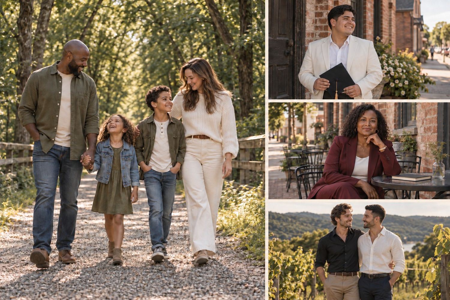 A collage of family and couple portraits taken outdoors in a lush garden and vineyard setting.