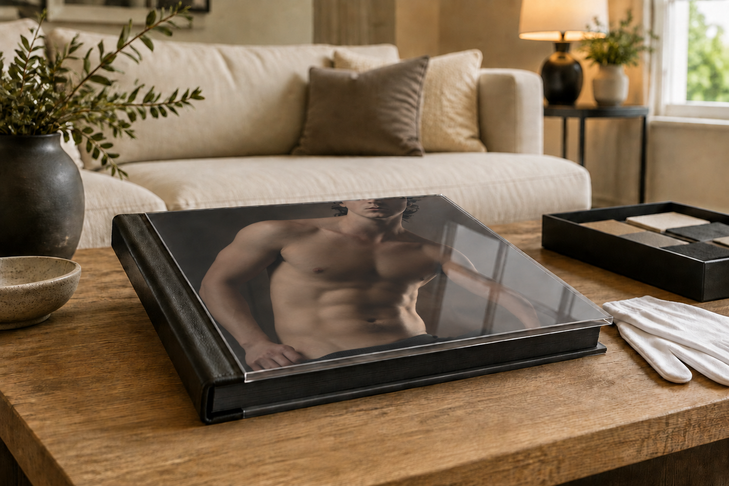 A luxury photo book with a glossy cover displaying a fine art portrait, resting on a wooden coffee table in an elegant living room.