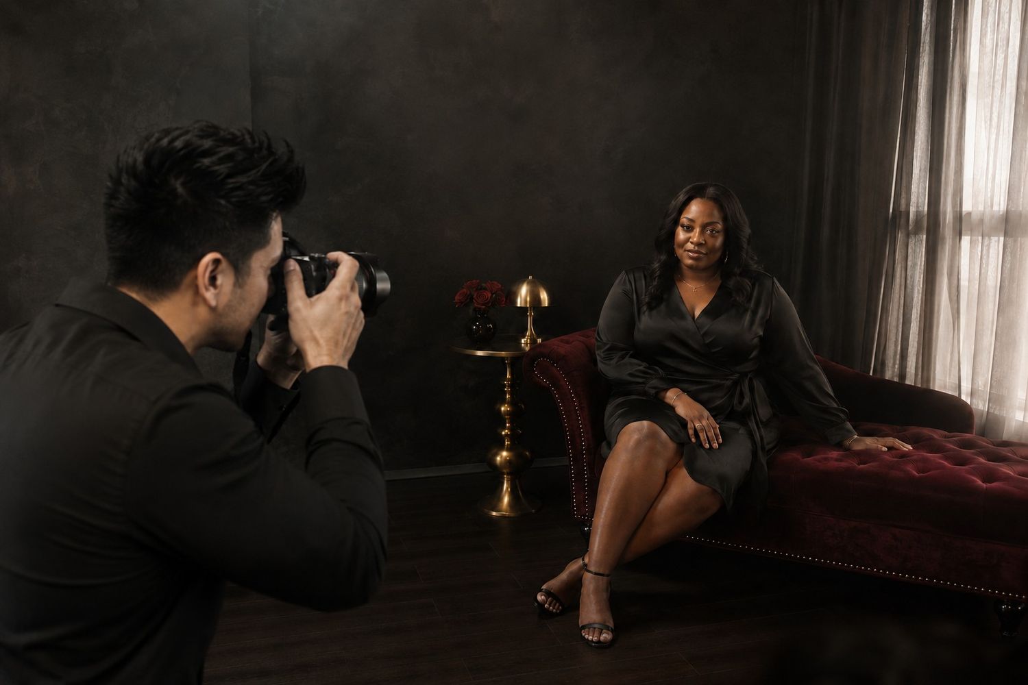 A photographer takes a portrait of a smiling woman seated on a red velvet chaise in a dark, moody studio.