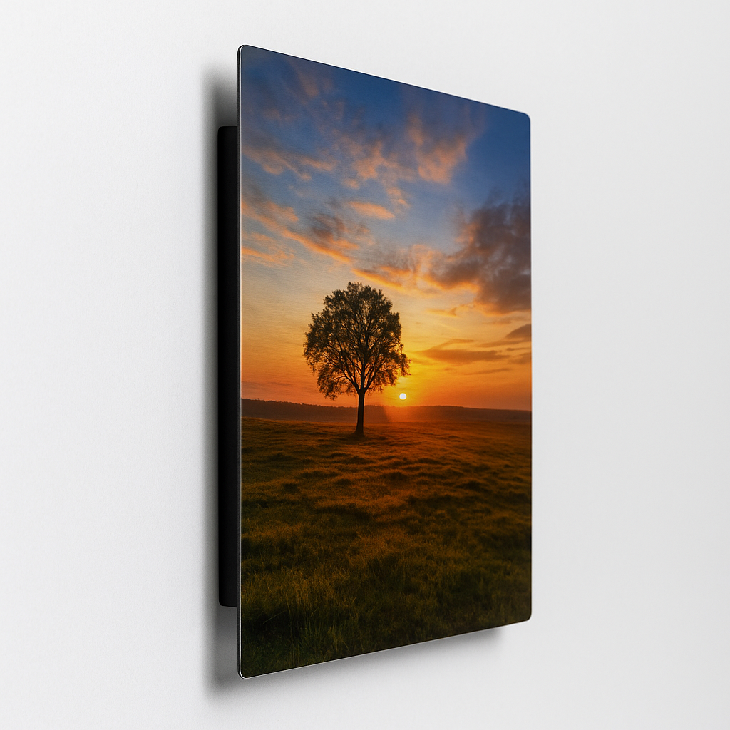 Dramatic sunset silhouettes a lone tree on grassy hill with vibrant orange sky and canvas gallery wrap mockup display.