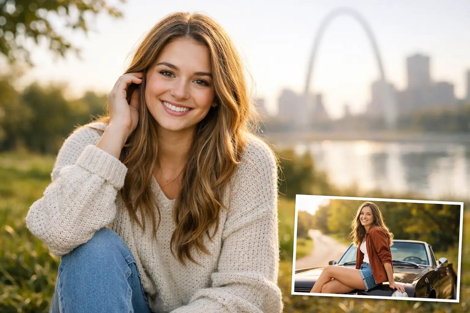 Young woman with long brown hair smiling outdoors near St. Louis Gateway Arch, wearing a cozy cream sweater.