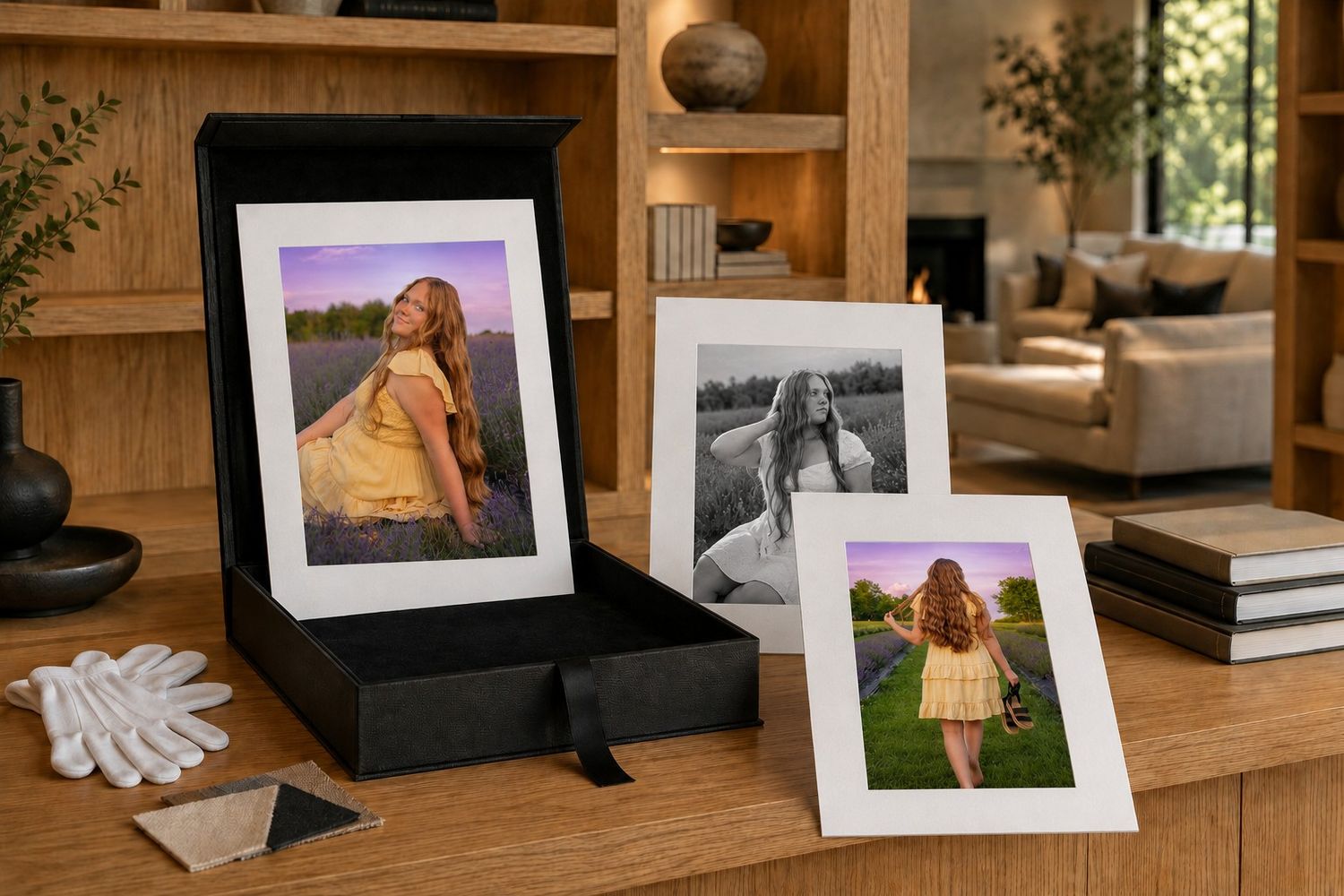 Black luxury photo box with matted portraits of a girl in a yellow dress displayed on a wooden table in an elegant living room.