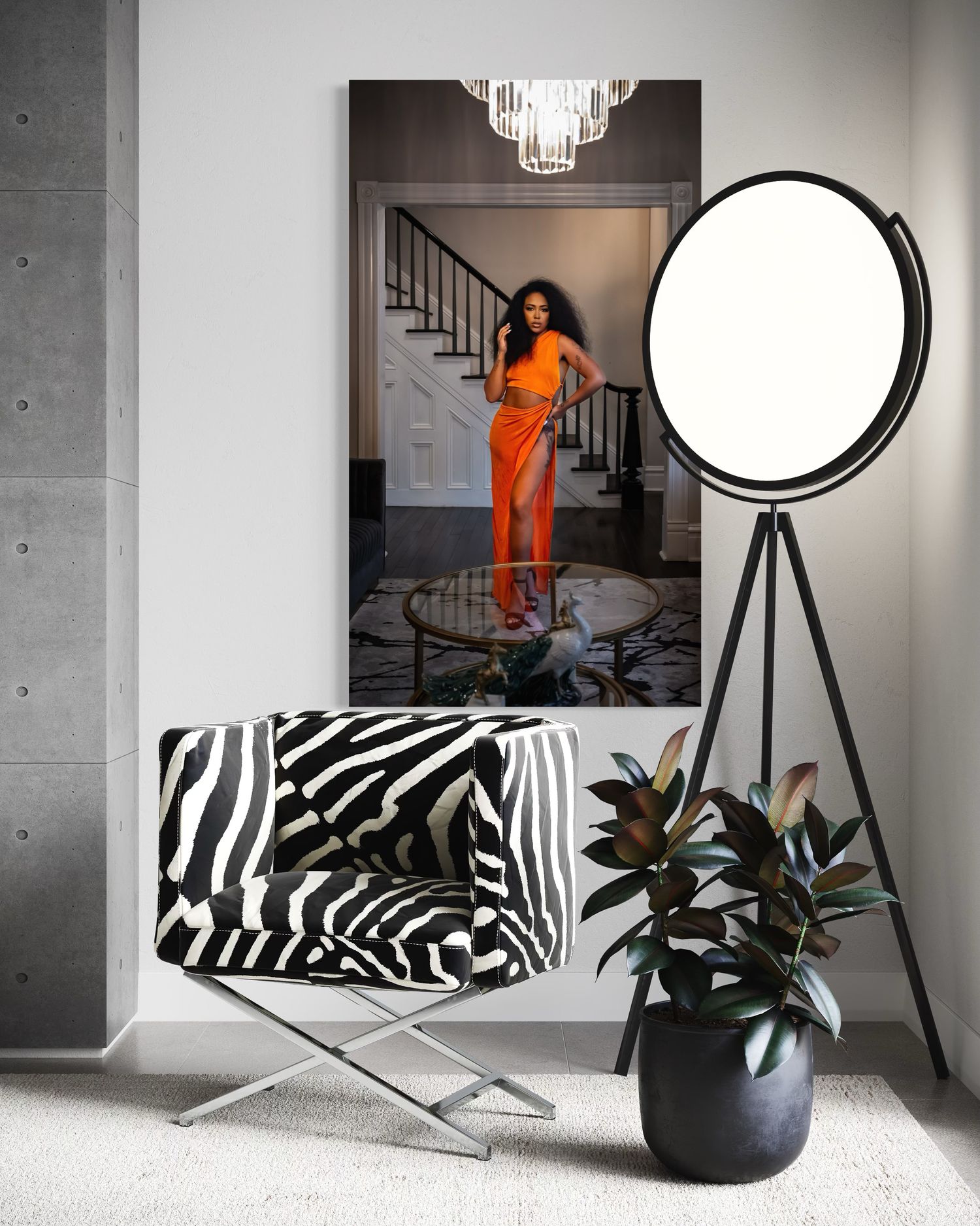 Modern living room interior with zebra print bench, round mirror, and potted plant against concrete walls.