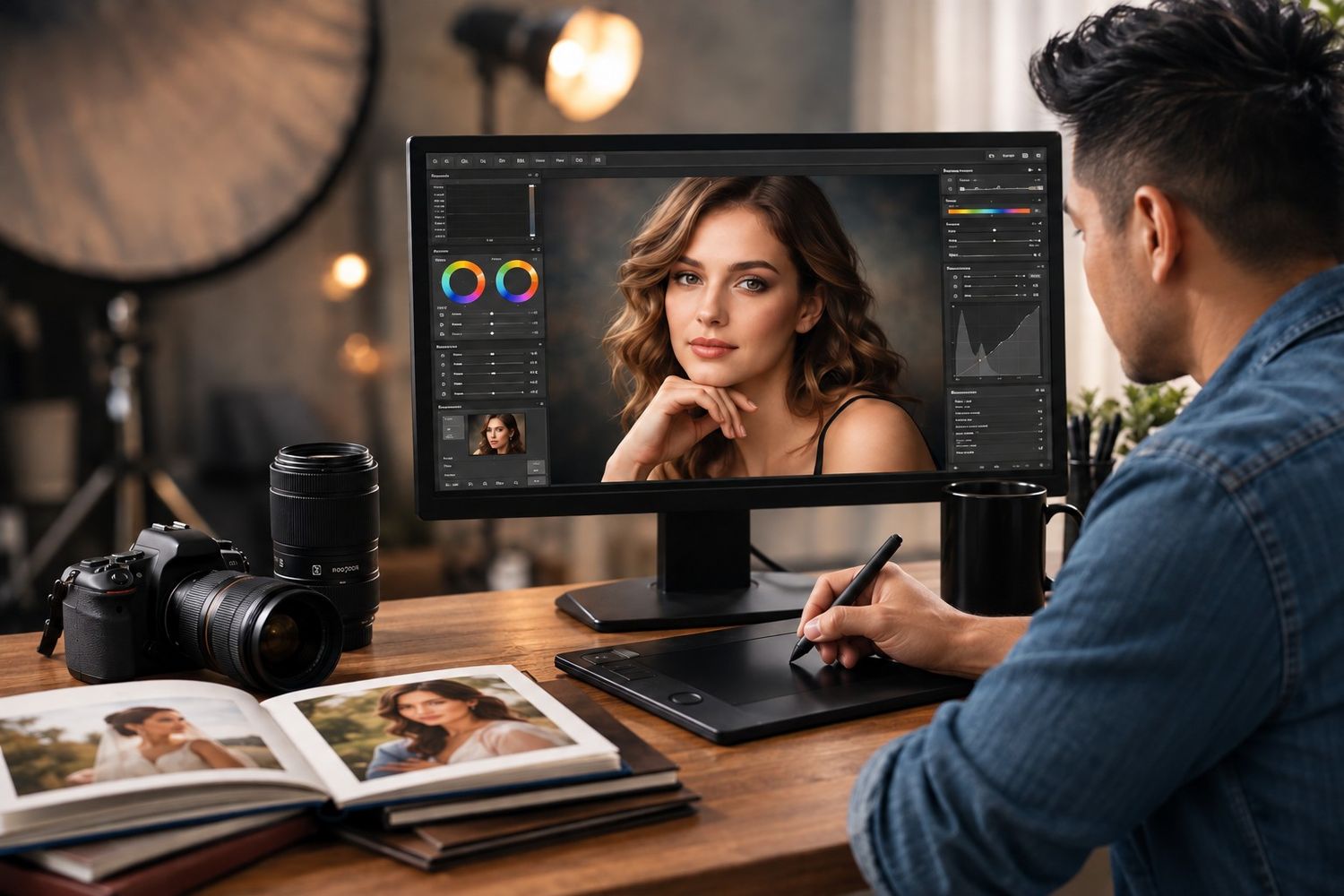 Photographer editing portrait photos on monitor using graphic tablet in professional studio setup.