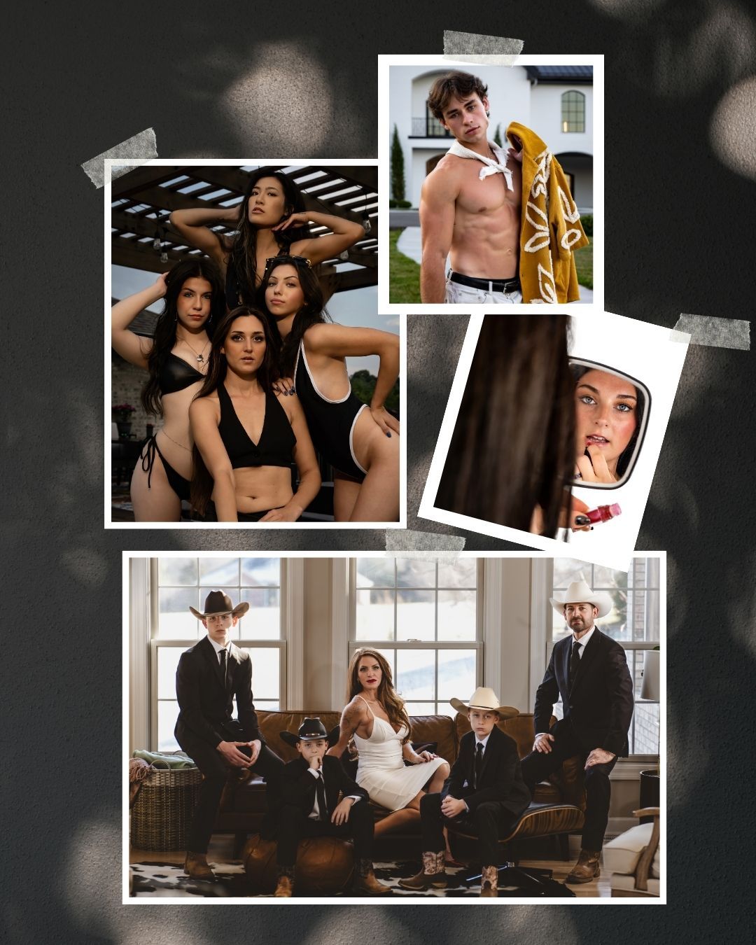 A collage of four photos featuring groups of people posing in various stylish outfits, including swimwear and western attire.