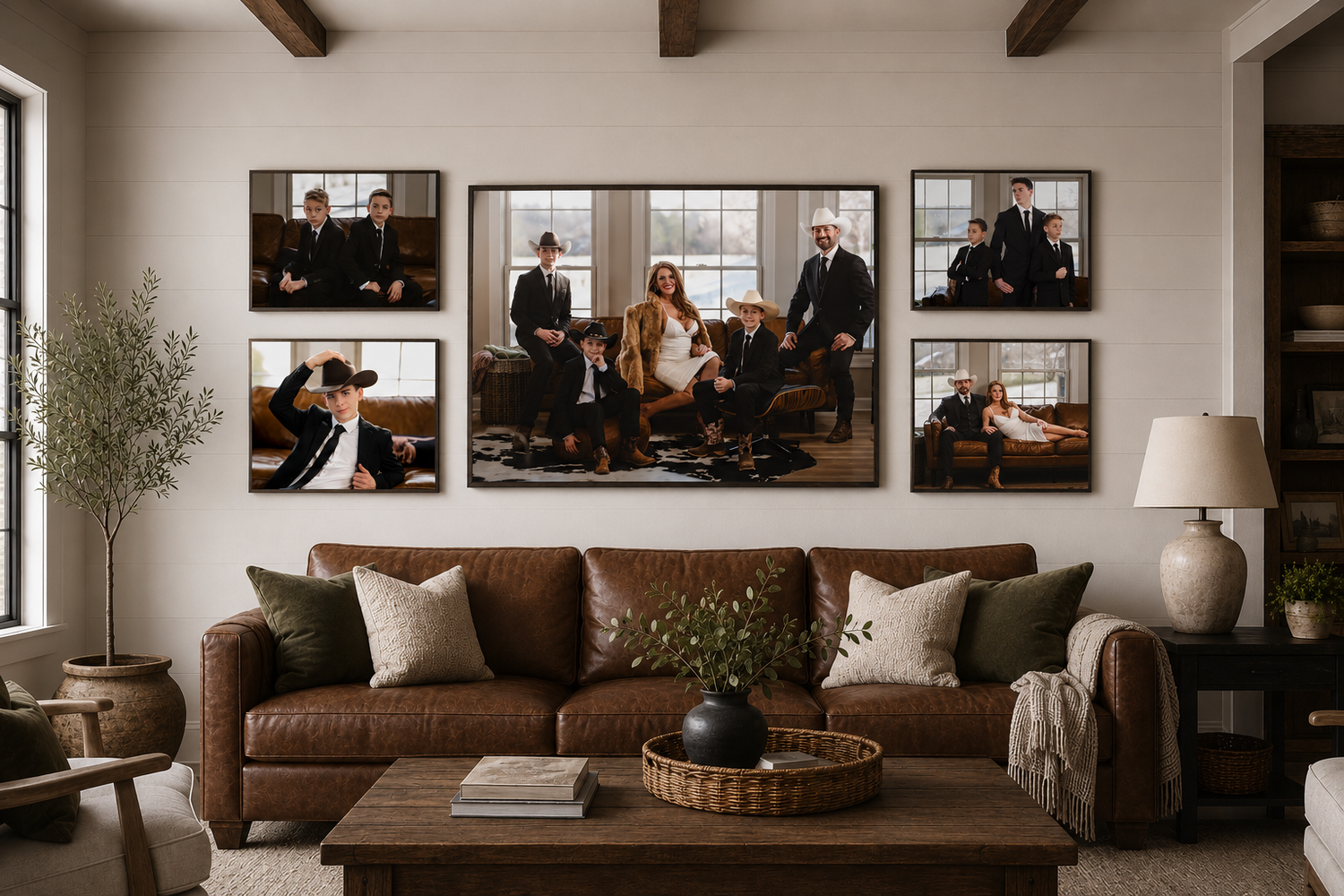 Cozy living room with brown leather sofa and large family portrait gallery wall above, featuring warm neutral decor.