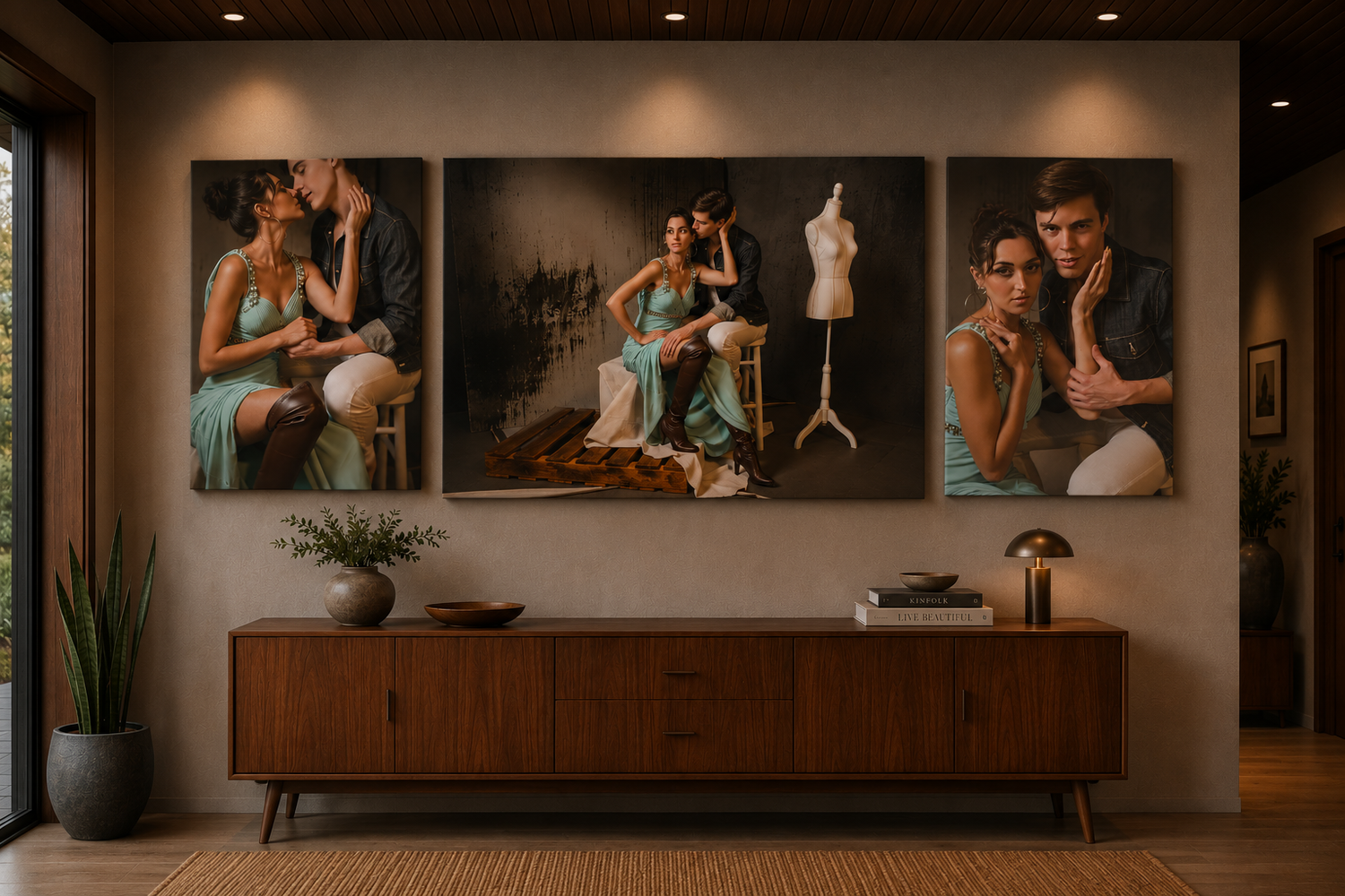 Three large canvas portraits of a couple displayed on a beige wall above a mid-century modern wooden console.