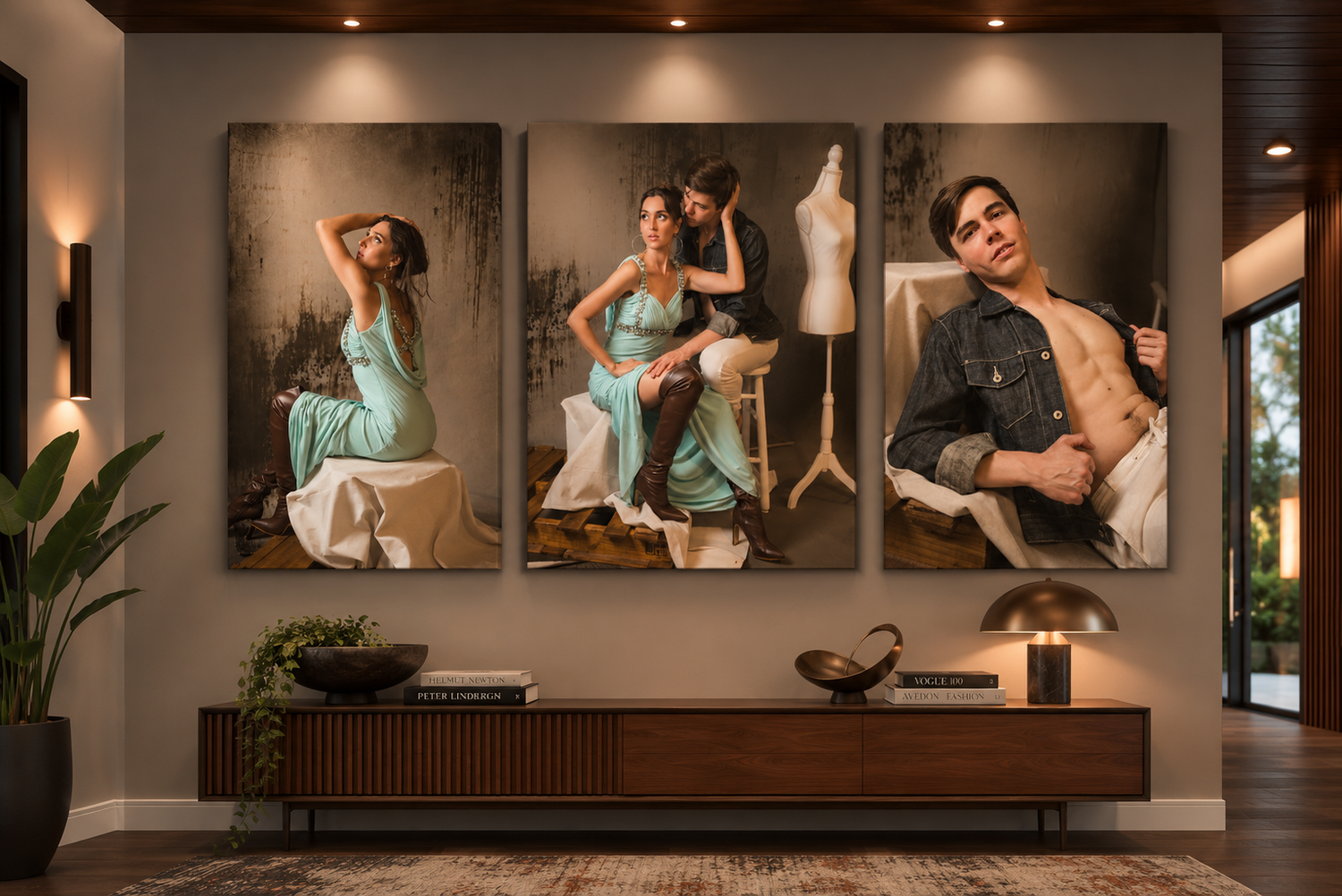 Three elegant portrait photographs displayed as wall art in a modern living room above a wooden console table.