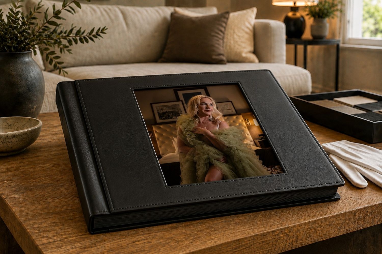 A black leather photo album with a portrait photo on the cover sits on a wooden coffee table.