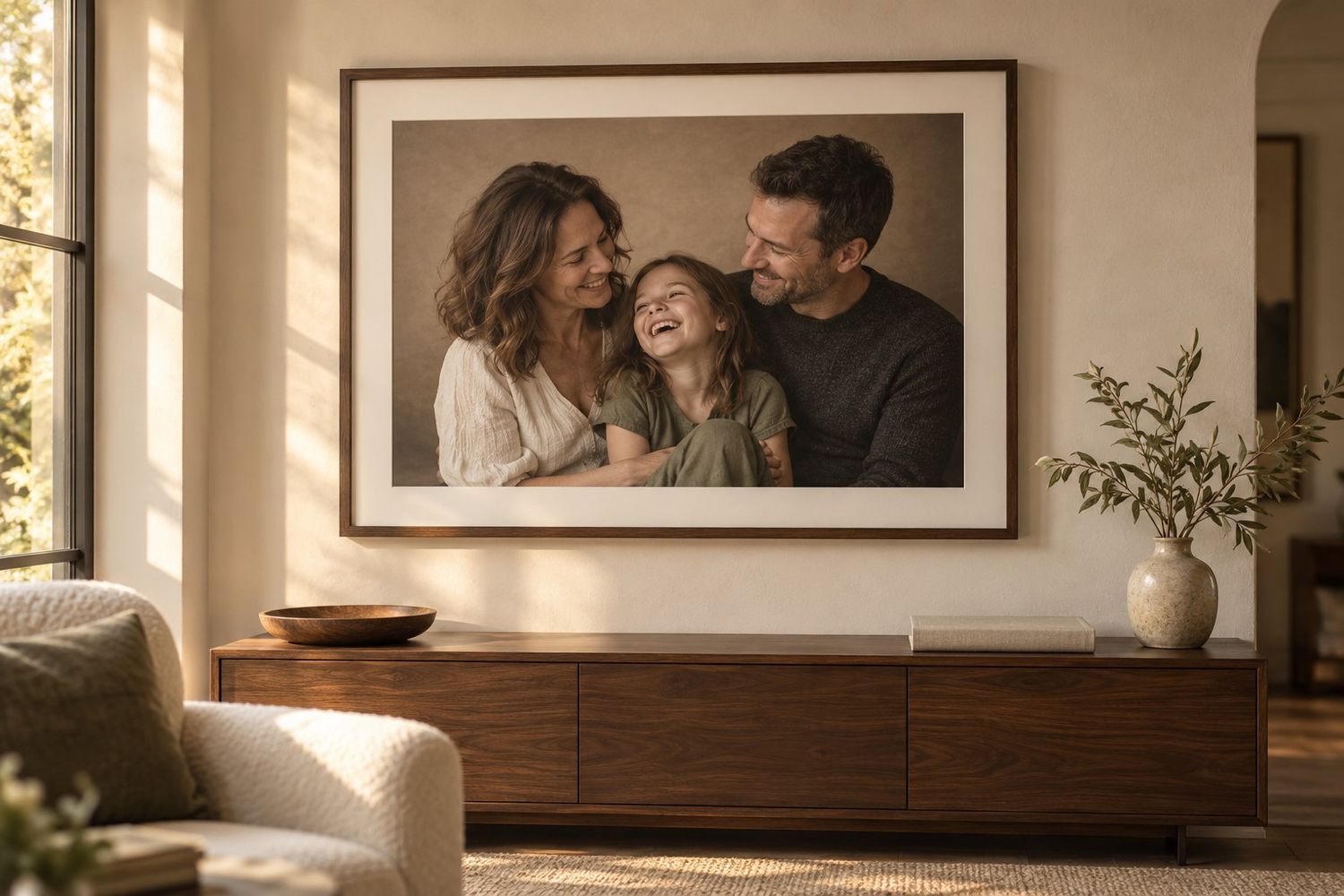 Framed family portrait photo hanging above a wooden sideboard in a bright modern living room with neutral decor.