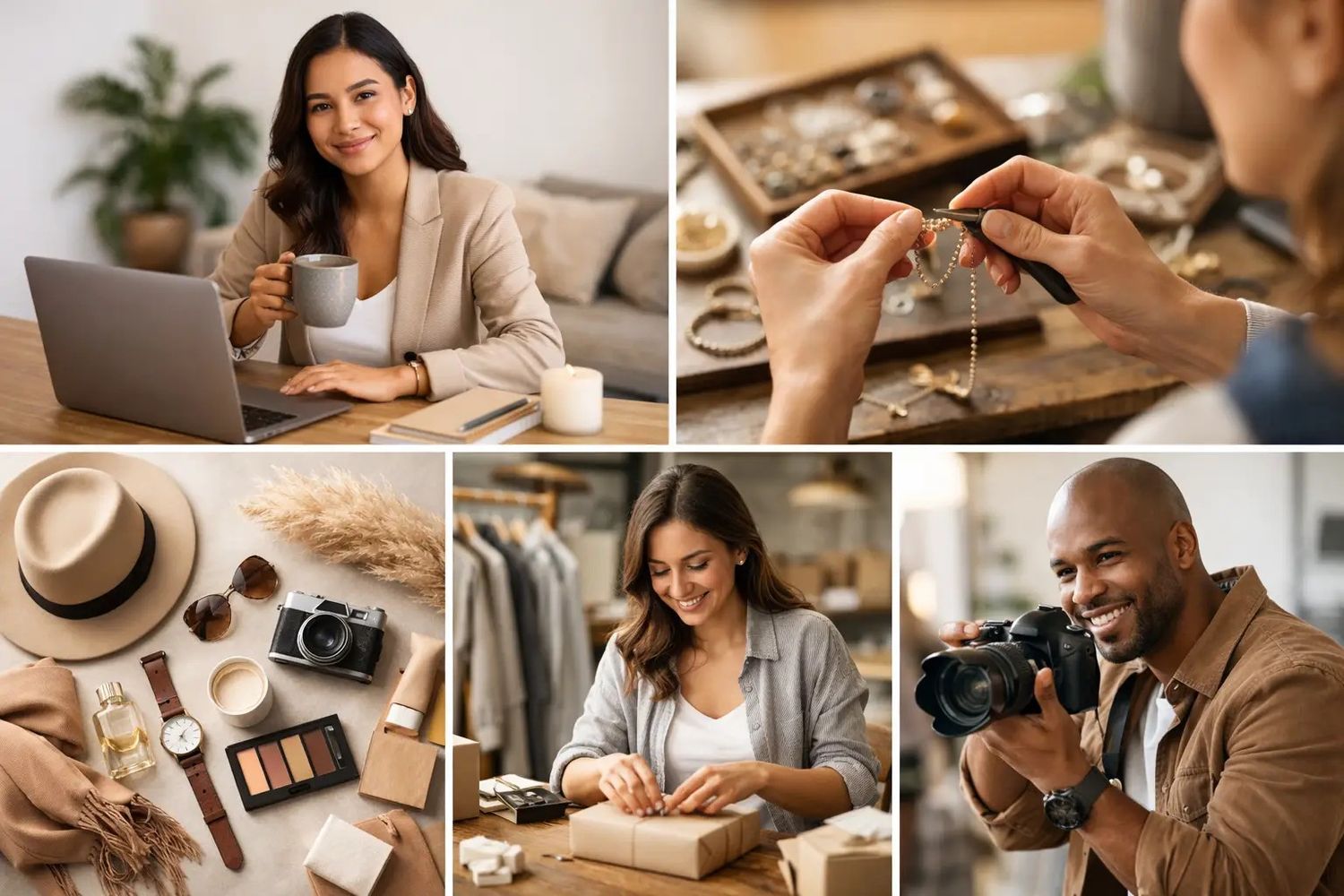 Collage of small business owners working, including a woman on laptop, jeweler, photographer, and gift wrapper.