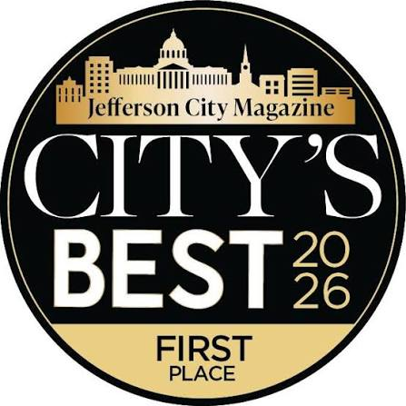 Jefferson City Magazine City's Best 2026 First Place award badge on black and gold circular seal.
