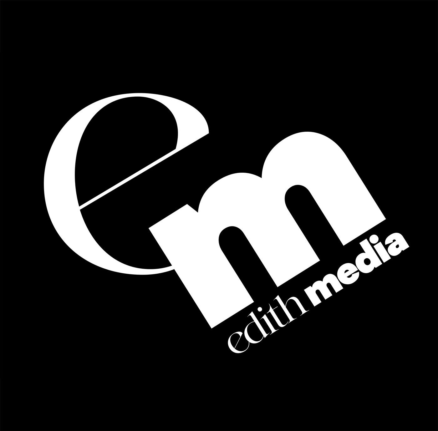 Black and white logo for Edith Media featuring stylized em monogram typography on dark background.