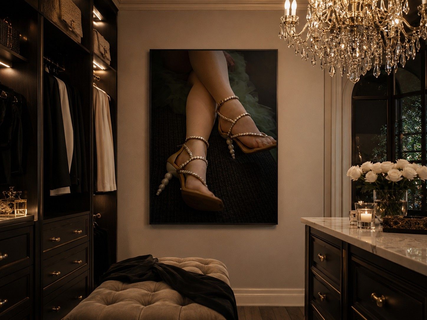 Elegant walk-in closet with chandelier, dark cabinetry, and a large canvas art print of strappy gold heels on a tufted bench.