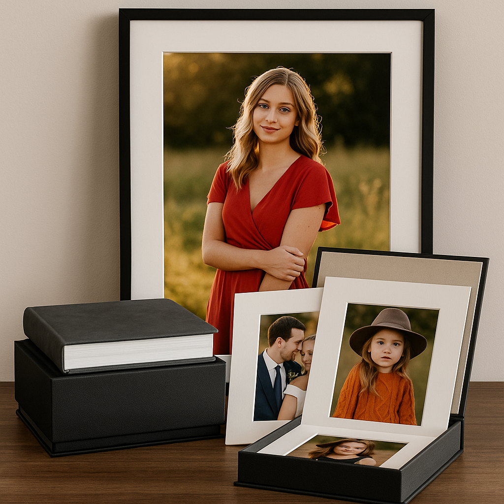 Professional photography portfolio box set with mounted prints and presentation case displayed on wooden surface.
