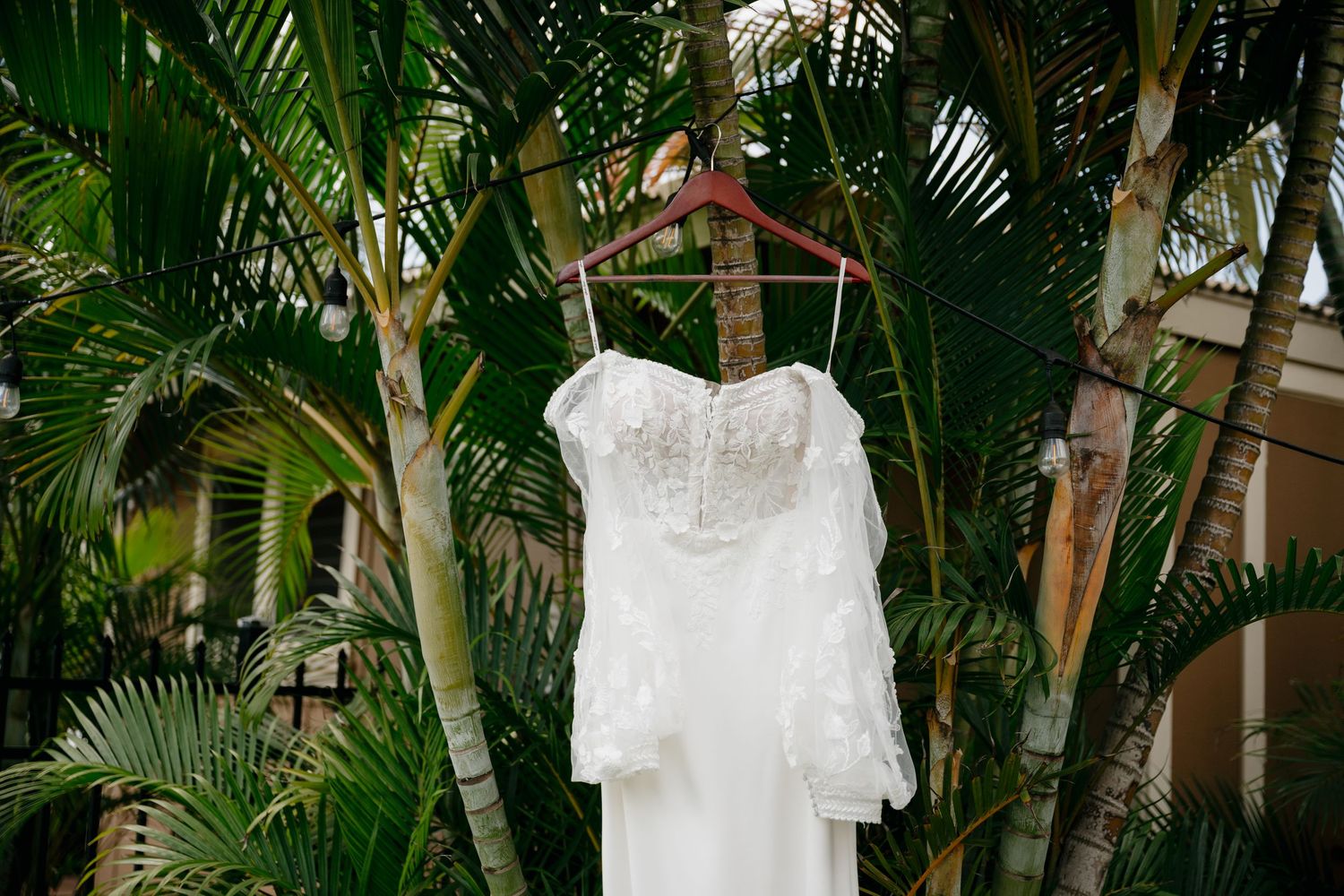 White wedding dress hangs elegantly against tropical palm trees in a garden setting.
