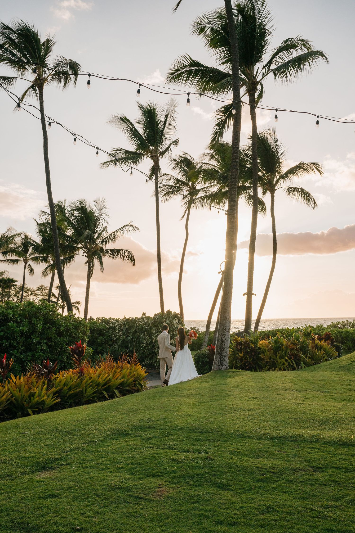 Scenic outdoor wedding venue with palm trees, string lights, and lush green lawn at sunset in Hawaii.