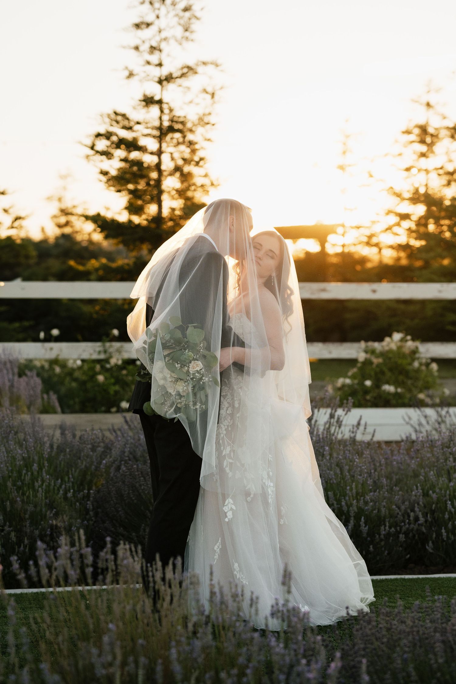 A romantic sunset wedding portrait amidst blooming lavender with a flowing veil detail.
